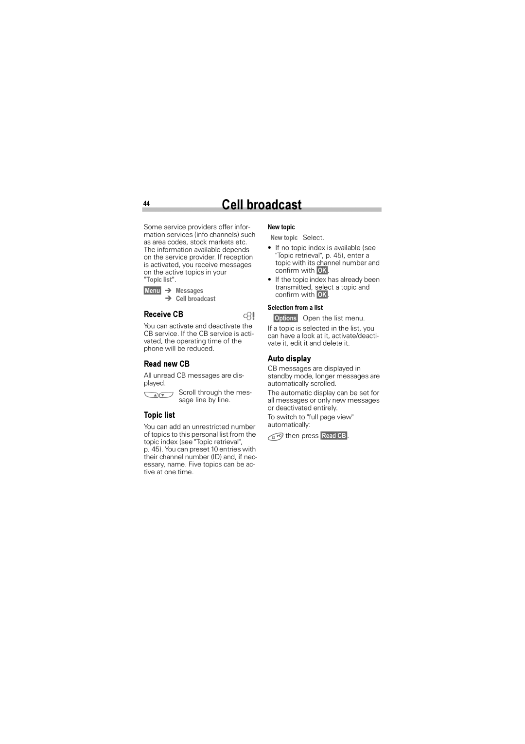 Siemens A50 manual Cell broadcast, Read new CB, Topic list, Auto display 