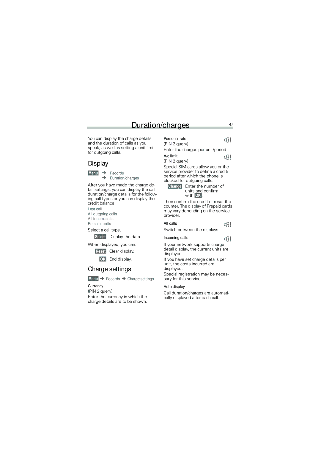 Siemens A50 manual Duration/charges, Display, Charge settings 