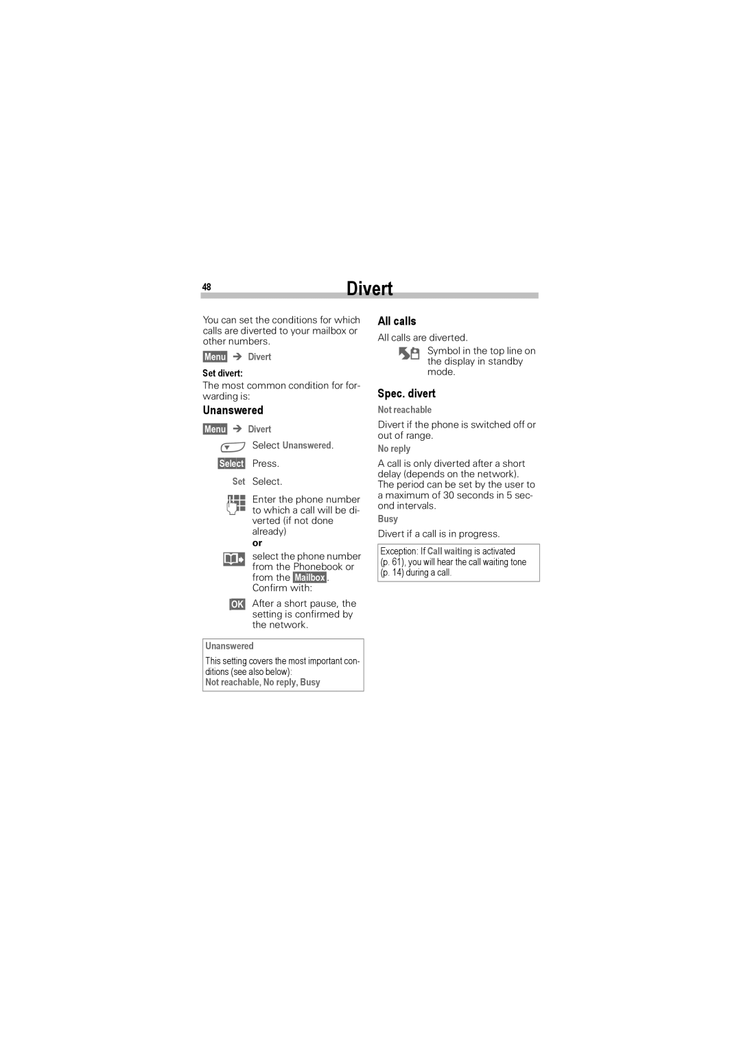 Siemens A50 manual 48Divert, Unanswered, All calls, Spec. divert 