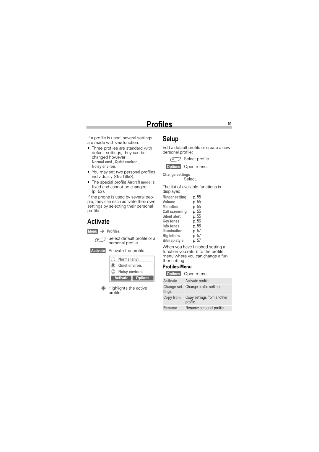 Siemens A50 manual Profiles51, Profiles-Menu, Activate Options 