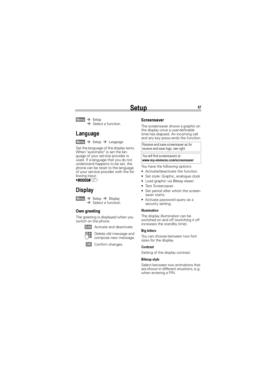 Siemens A50 manual Setup57, Language, Own greeting, Screensaver 