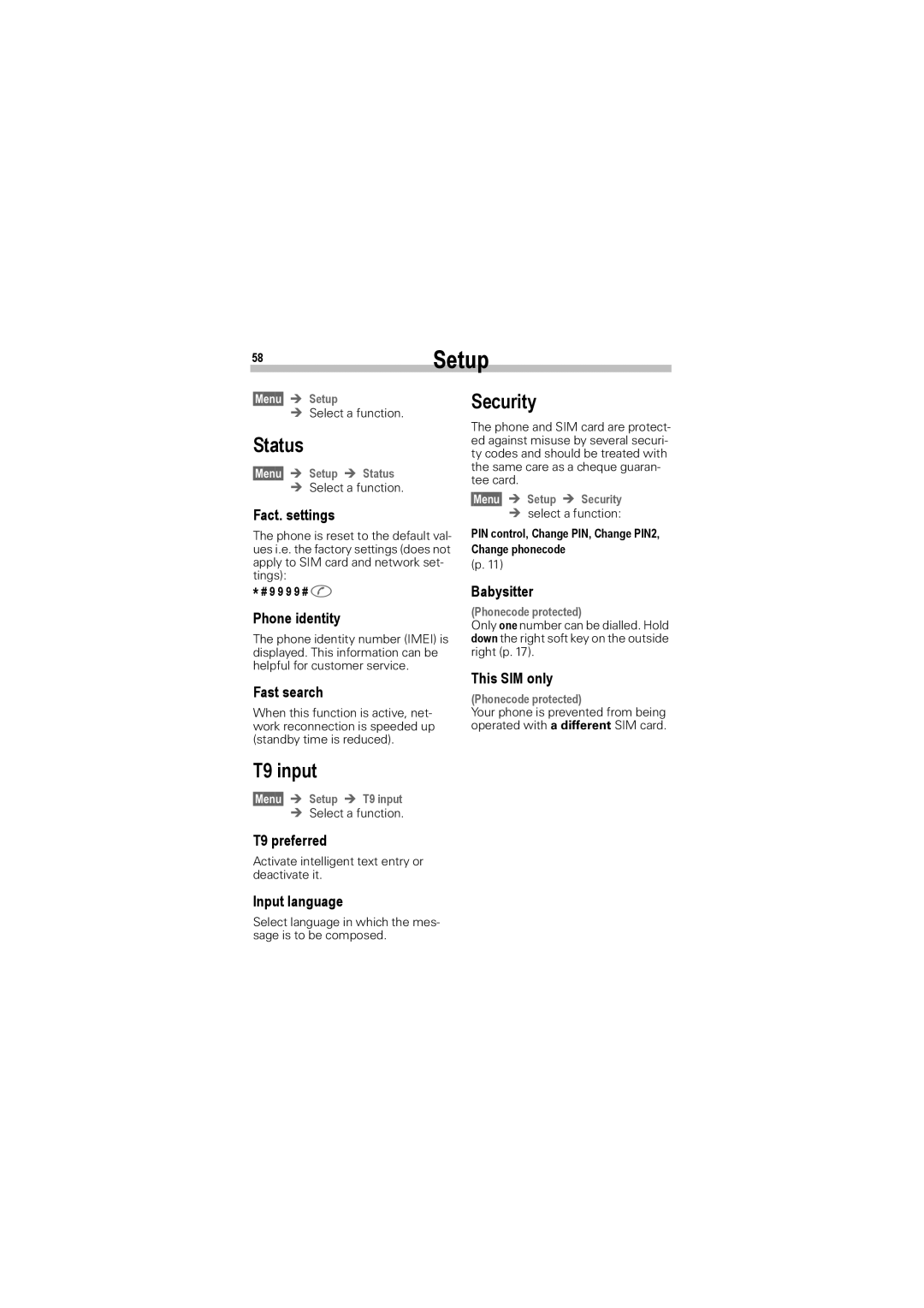 Siemens A50 manual 58Setup, Status, T9 input, Security 