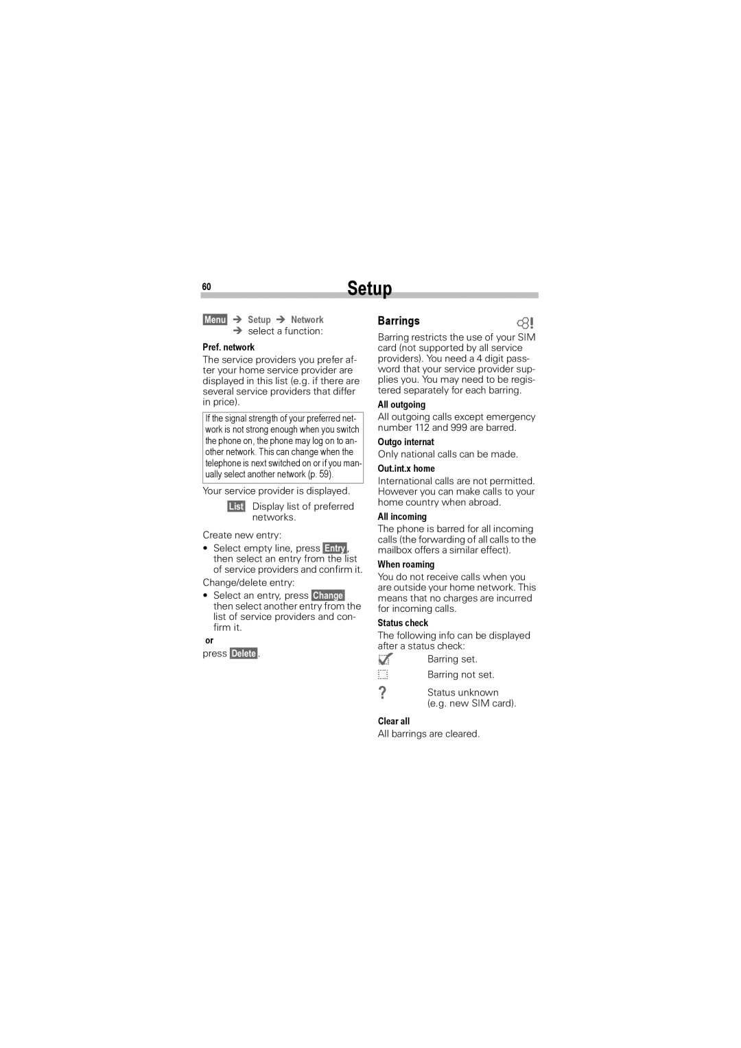 Siemens A50 manual 60Setup, Barrings~, §Menu§ Î Setup Î Network, Press §Delete§ 