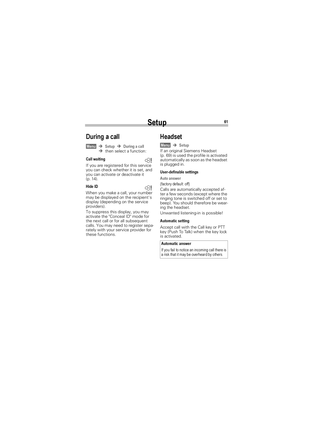 Siemens A50 manual During a call Headset, §Menu§ Î Setup During a call, Auto answer 