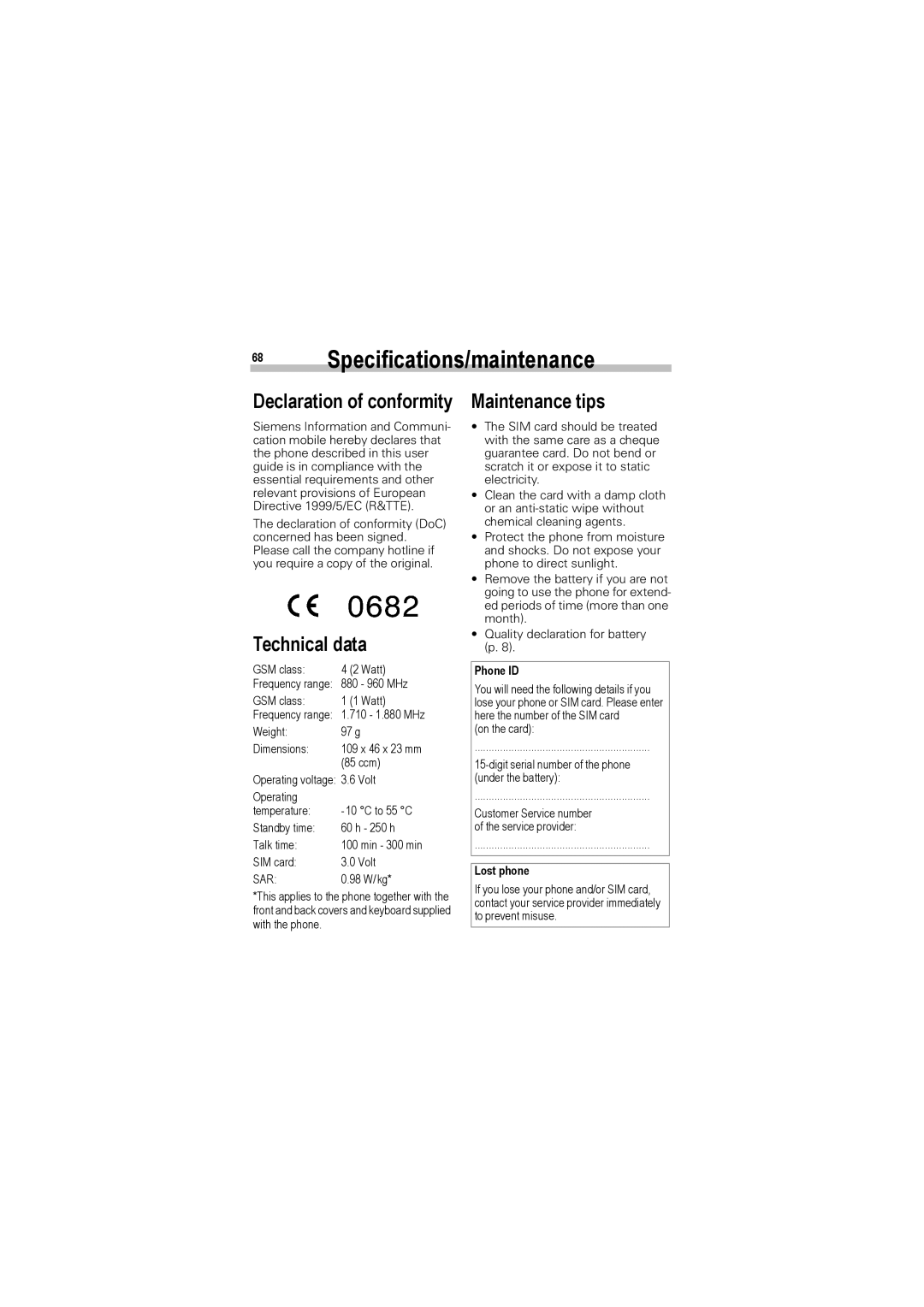 Siemens A50 manual Specifications/maintenance, Declaration of conformity, Technical data, Maintenance tips 