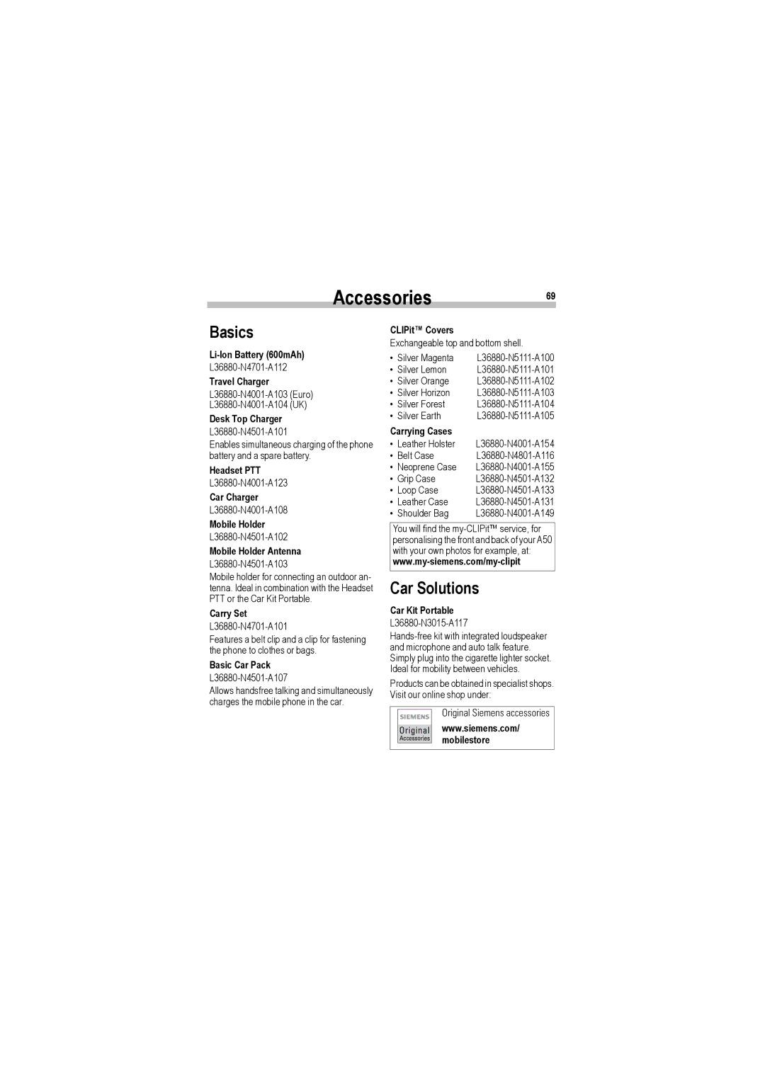 Siemens A50 manual Accessories69, Basics, Car Solutions 