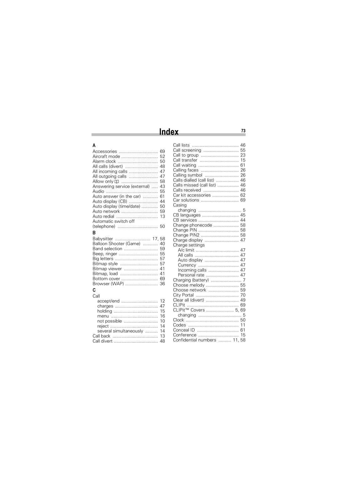 Siemens A50 manual Index73, Automatic switch off, Call, Casing, Confidential numbers 
