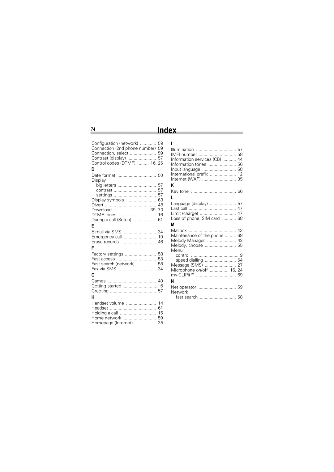 Siemens A50 manual 74Index, Configuration network Connection 2nd phone number, Display, Microphone on/off 