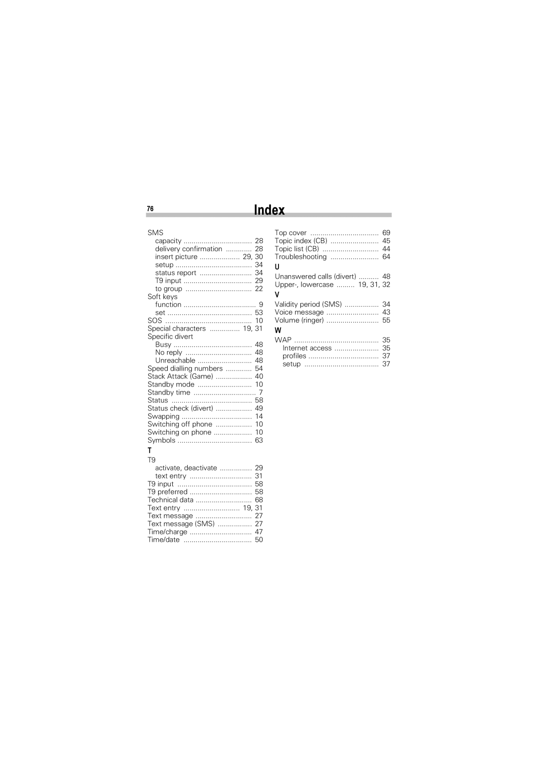 Siemens A50 manual 76Index, Soft keys, Special characters Specific divert, Text entry, Upper-, lowercase 19, 31 