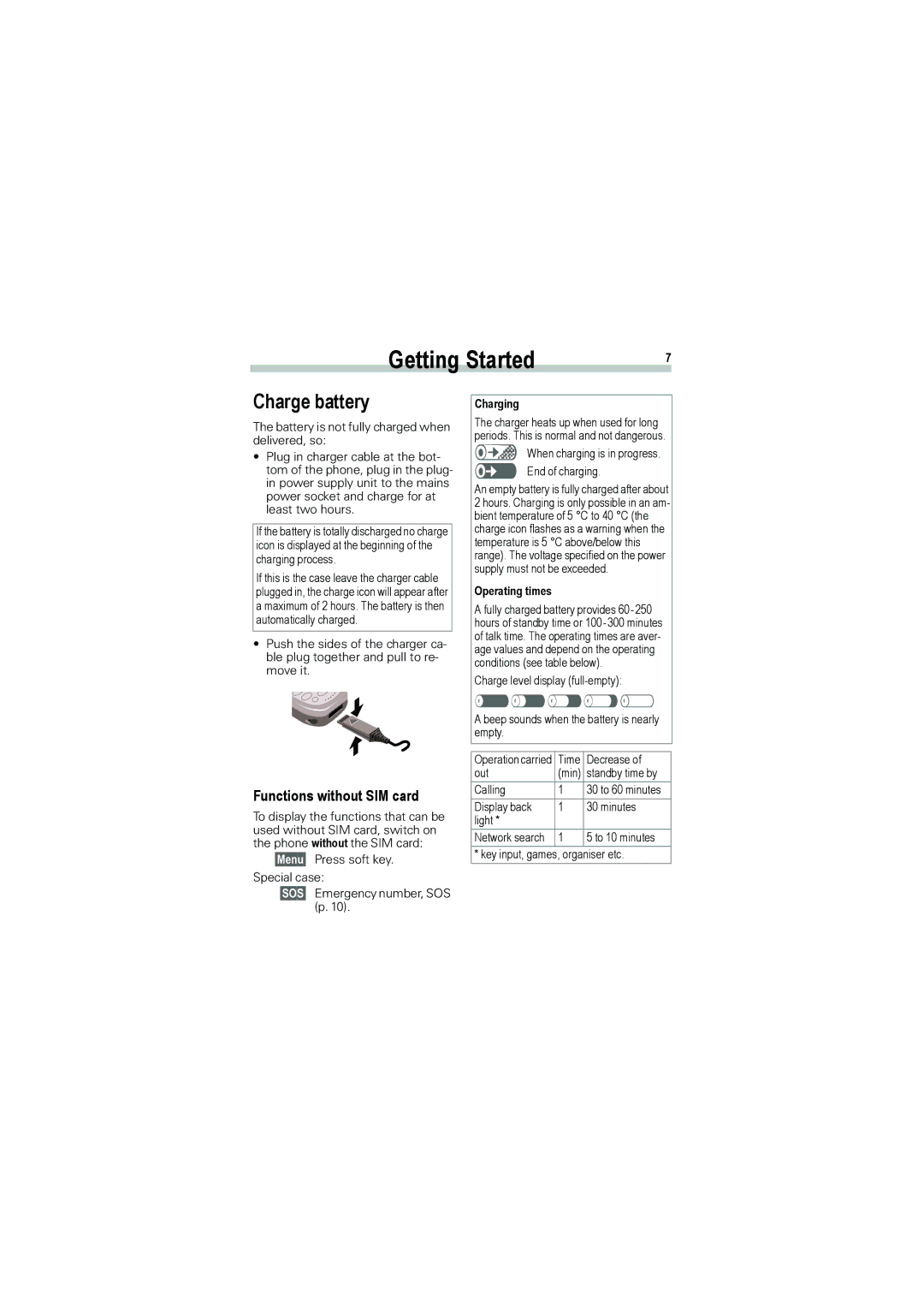 Siemens A50 manual Charge battery, Functions without SIM card, Charging, Operating times 