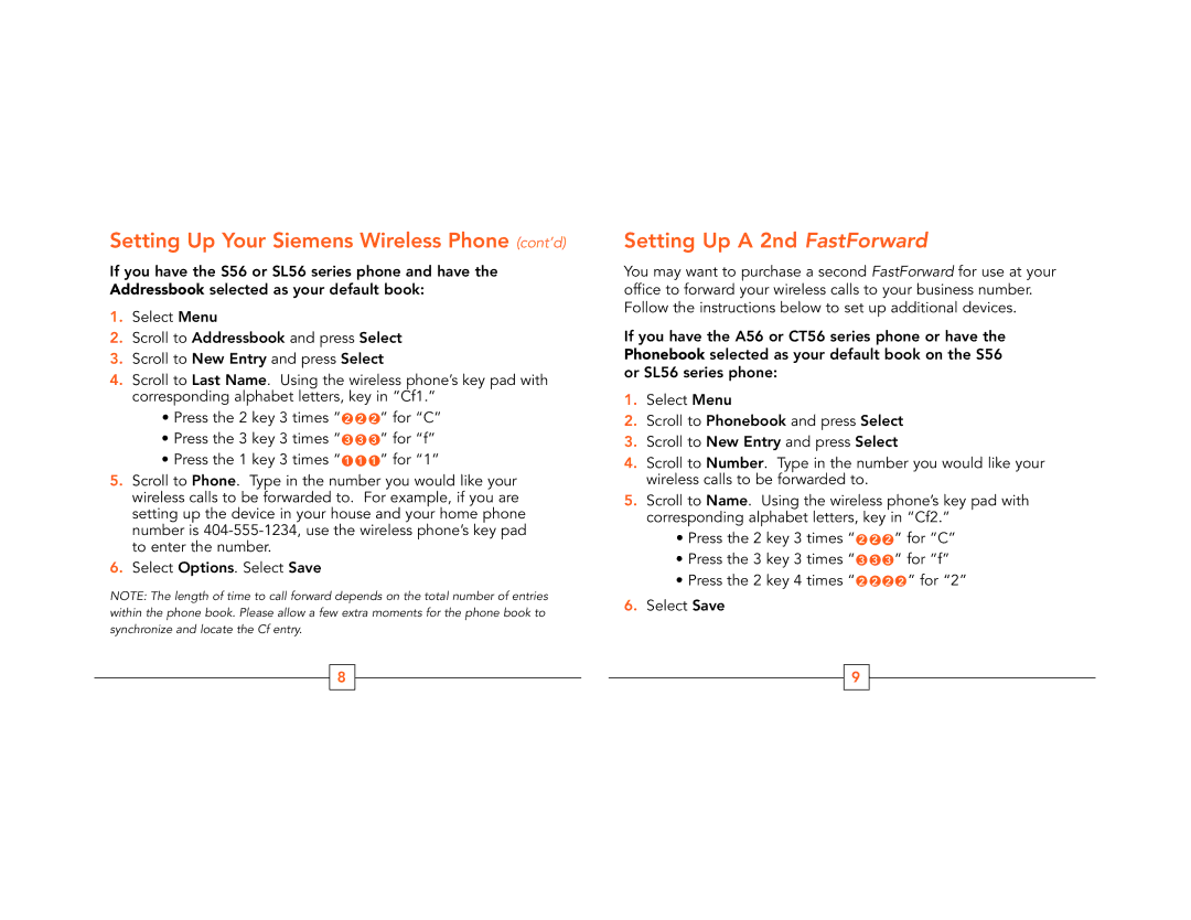 Siemens A56, S56, CT56 manual Setting Up Your Siemens Wireless Phone cont’d, Setting Up a 2nd FastForward 