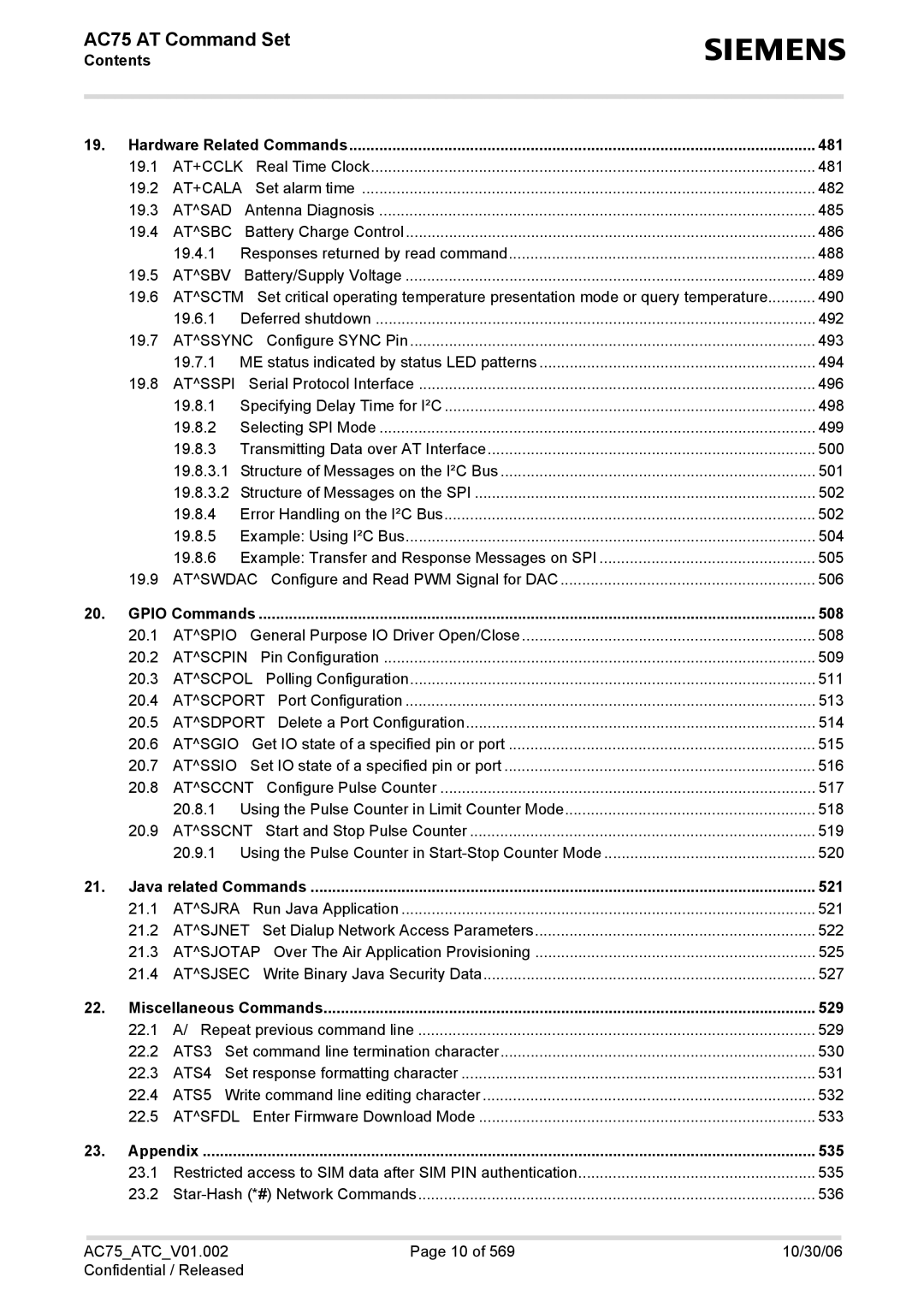 Siemens AC75 At+Cclk, At+Cala, Atsad, Atsbc, Atsbv, Atsctm, Atssync, Atsspi, Atswdac, Atspio, Atscpin, Atscpol, Atscport 