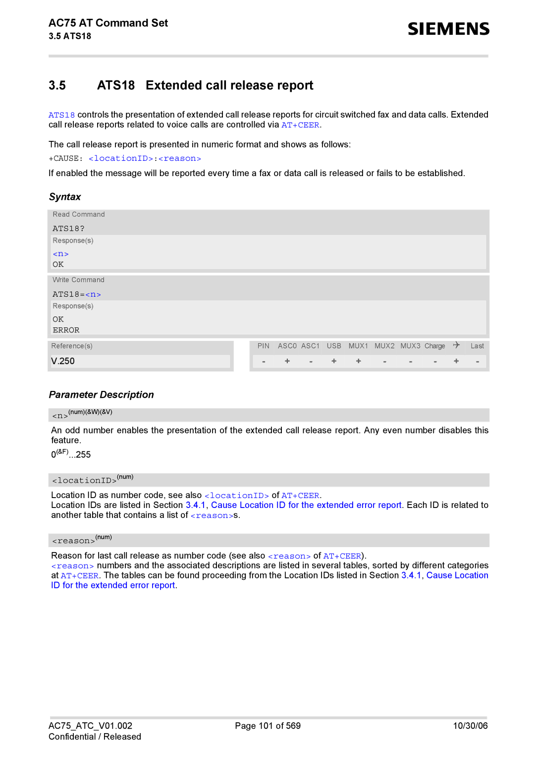 Siemens AC75 manual ATS18 Extended call release report, +CAUSE locationIDreason, ATS18?, ATS18=n 