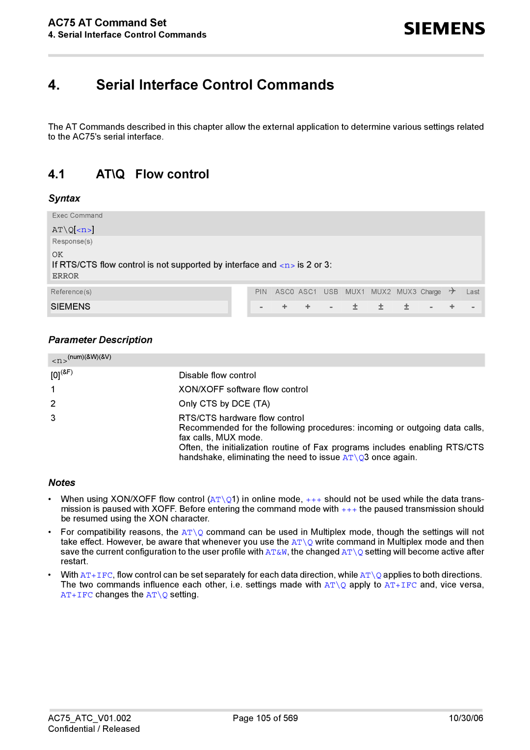 Siemens AC75 manual Serial Interface Control Commands, AT\Q Flow control, AT\Qn 