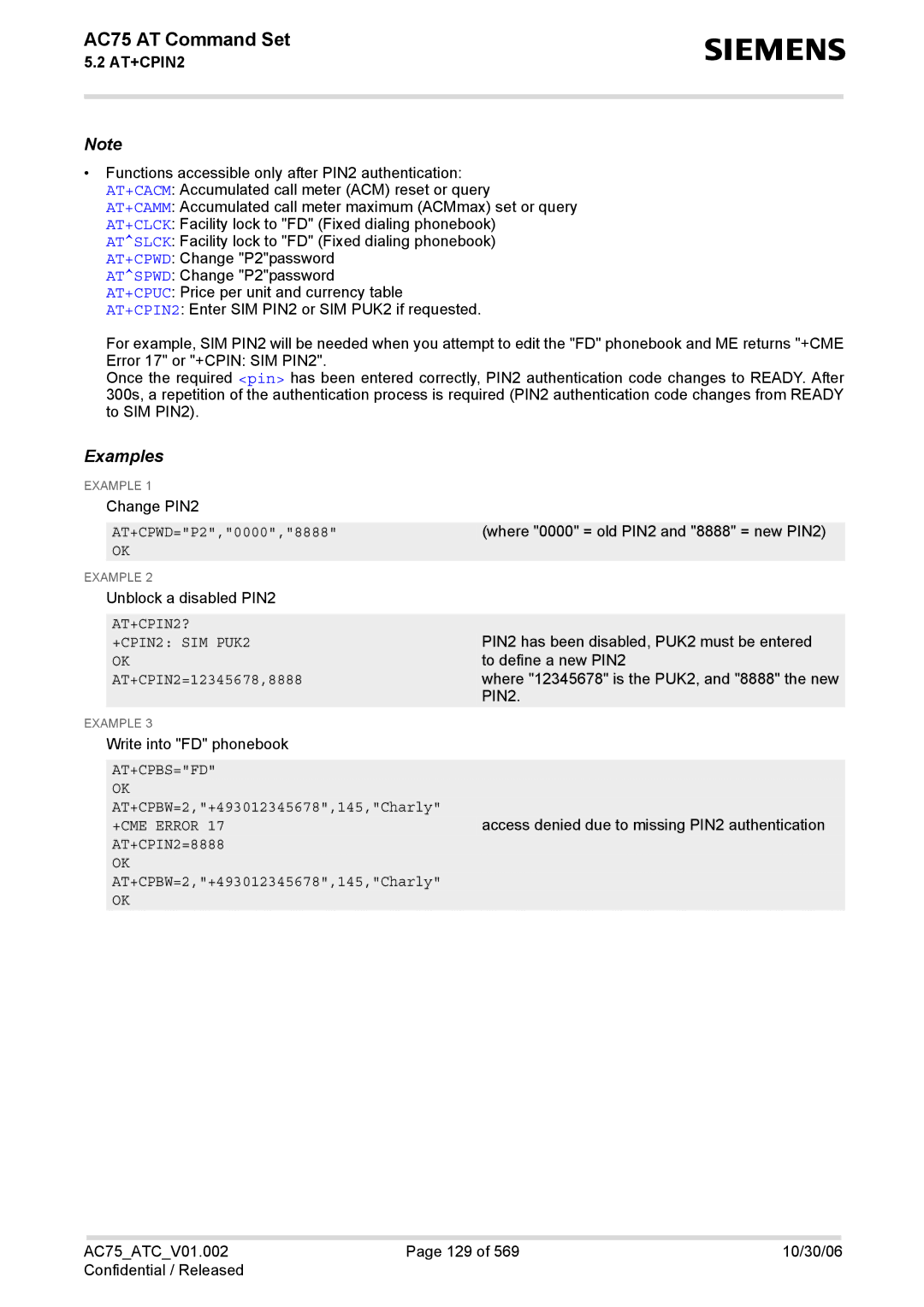 Siemens AC75 manual AT+CPIN2? +CPIN2 SIM PUK2, At+Cpbs=Fd 