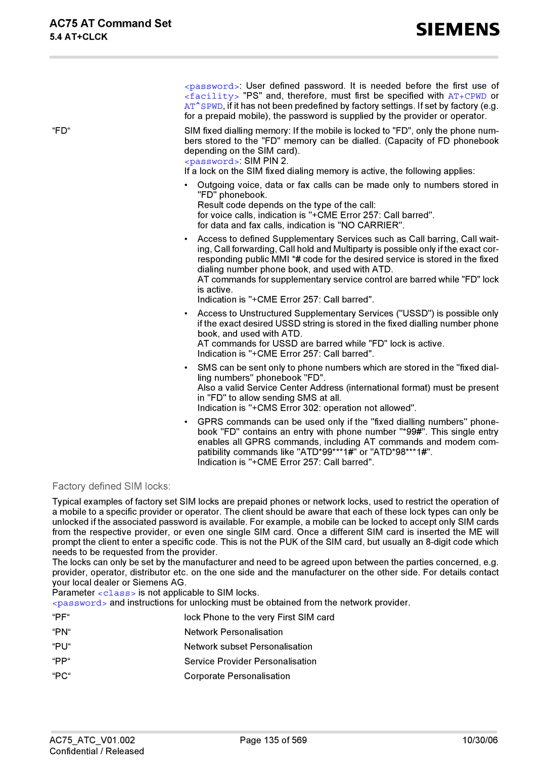 Siemens AC75 manual Factory defined SIM locks 