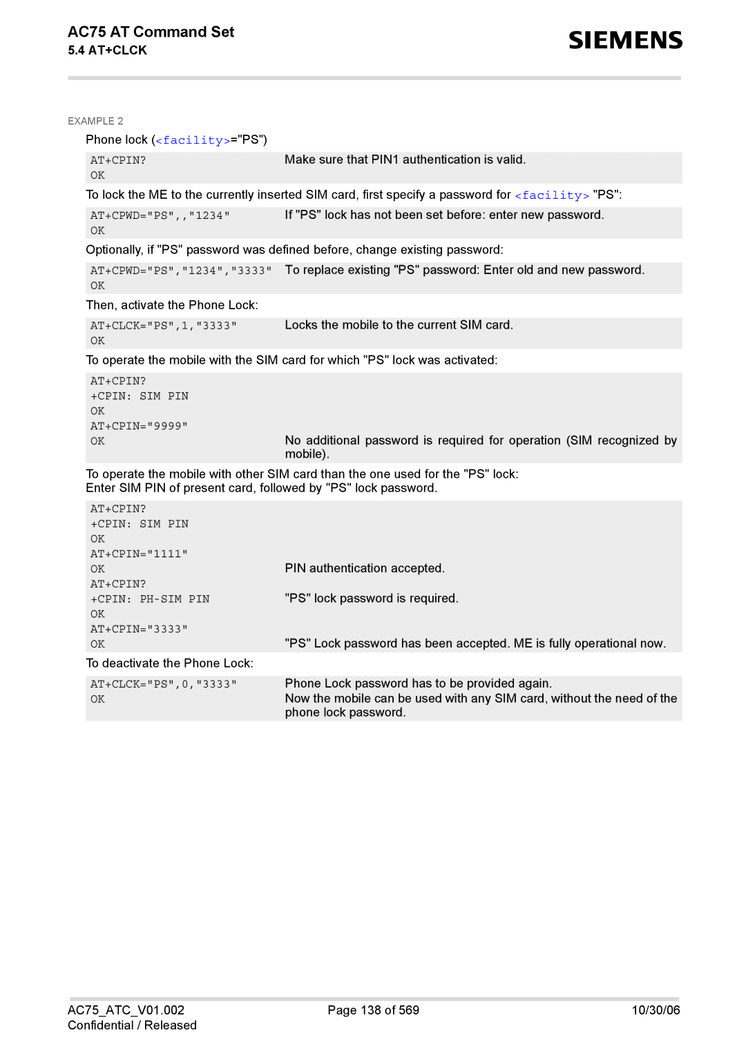 Siemens AC75 manual At+Cpin? +Cpin Sim Pin, AT+CPIN=1111, At+Cpin? +Cpin Ph-Sim Pin, AT+CPIN=3333, AT+CLCK=PS,0,3333 