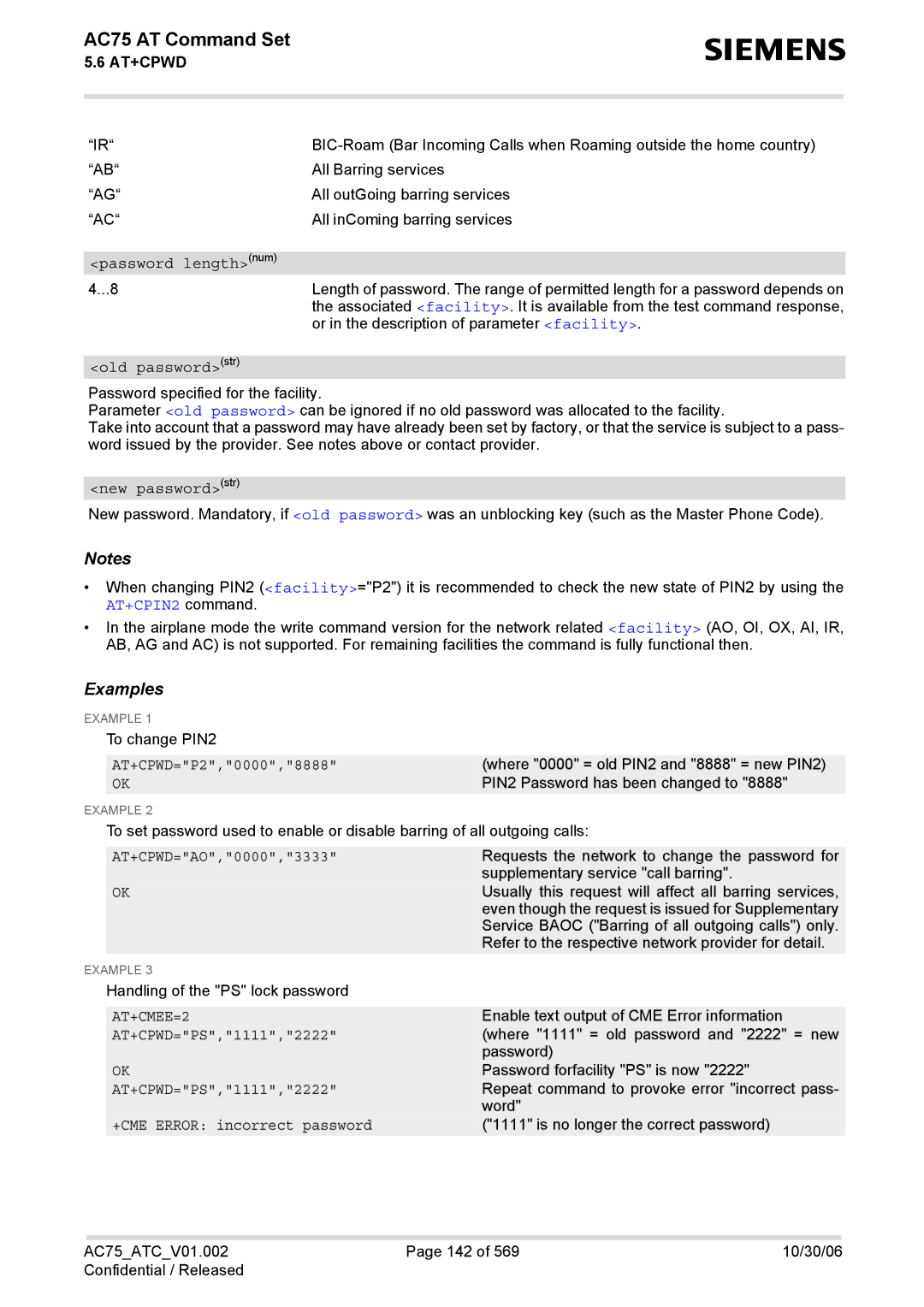 Siemens AC75 manual AT+CPIN2 command 