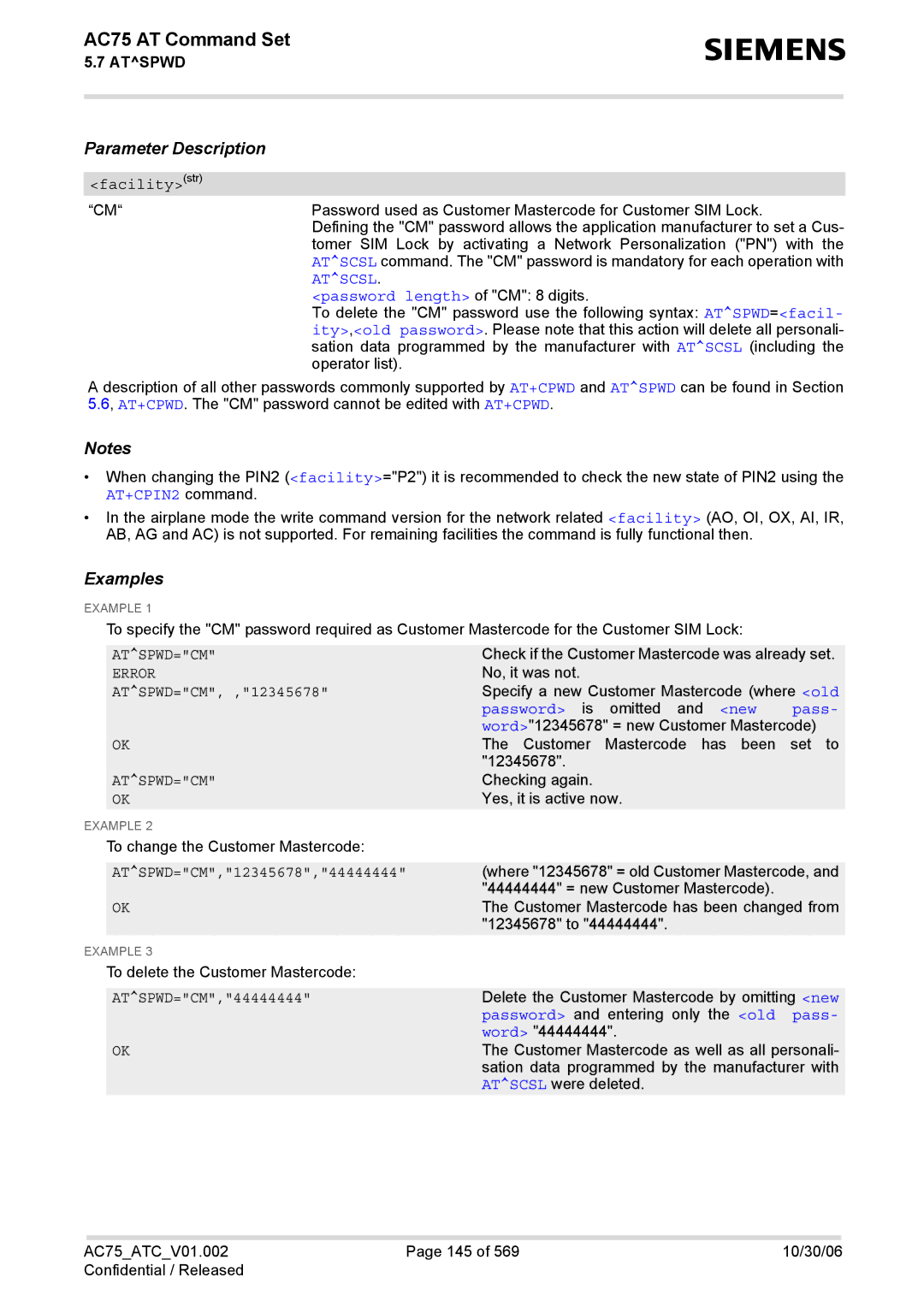 Siemens AC75 manual Password length of CM 8 digits, Atspwd=Cm 