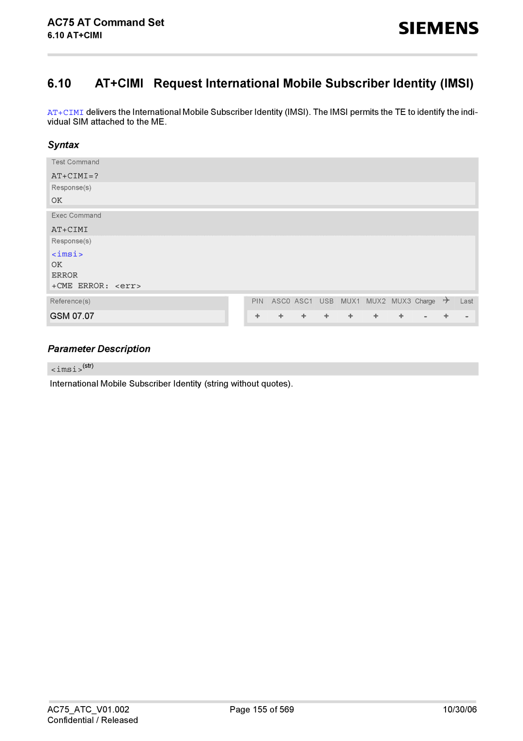 Siemens AC75 manual At+Cimi=?, Imsistr 