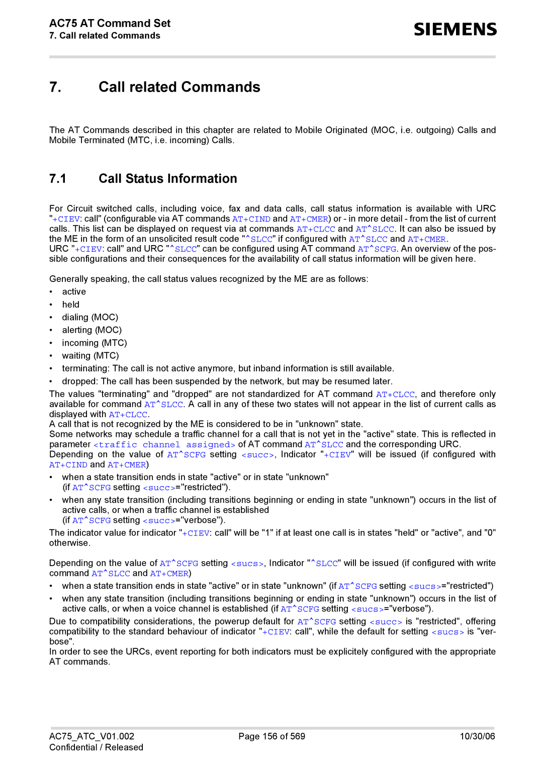 Siemens AC75 manual Call related Commands, Call Status Information, AT+CIND and AT+CMER 