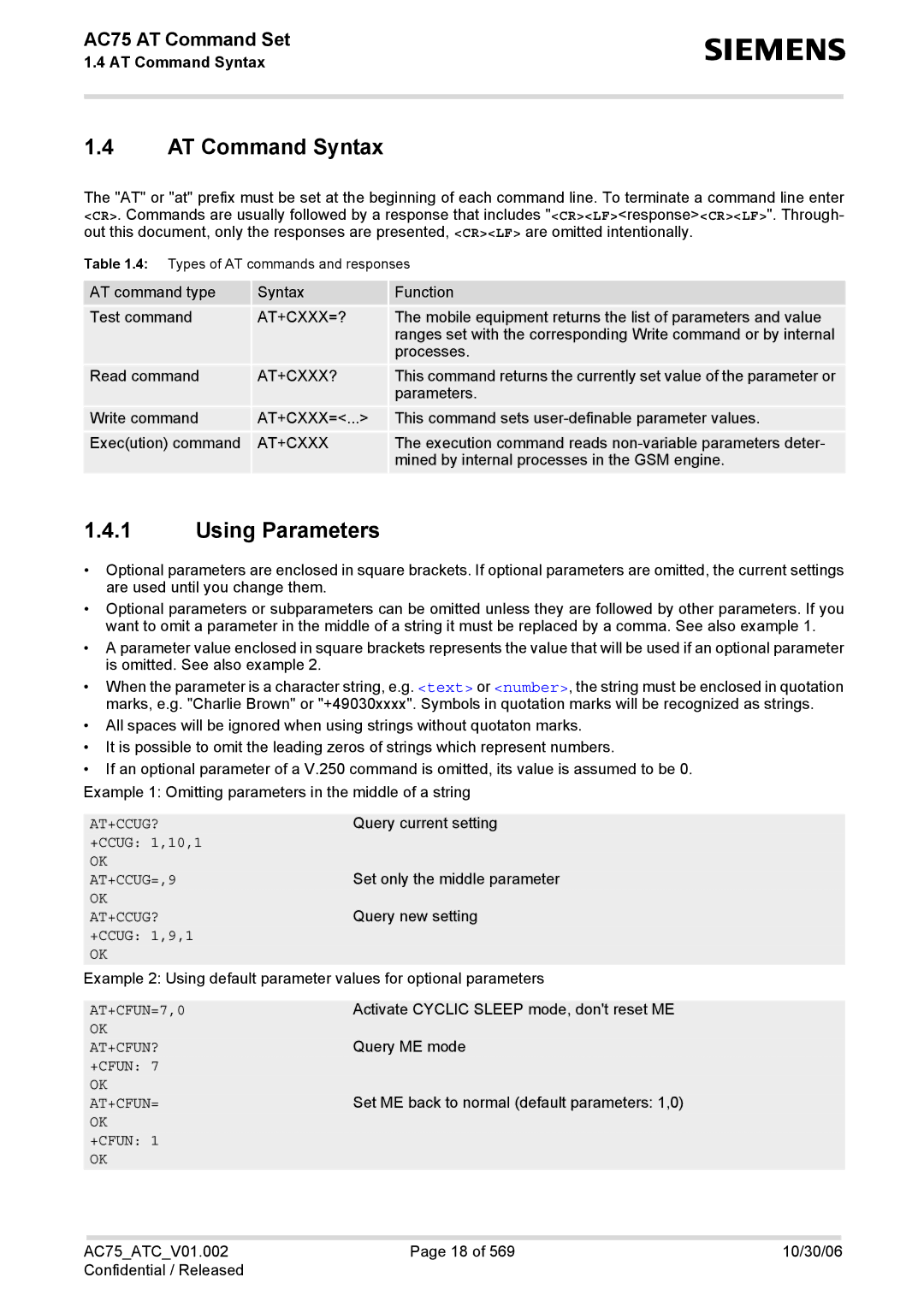 Siemens AC75 manual AT Command Syntax, Using Parameters 