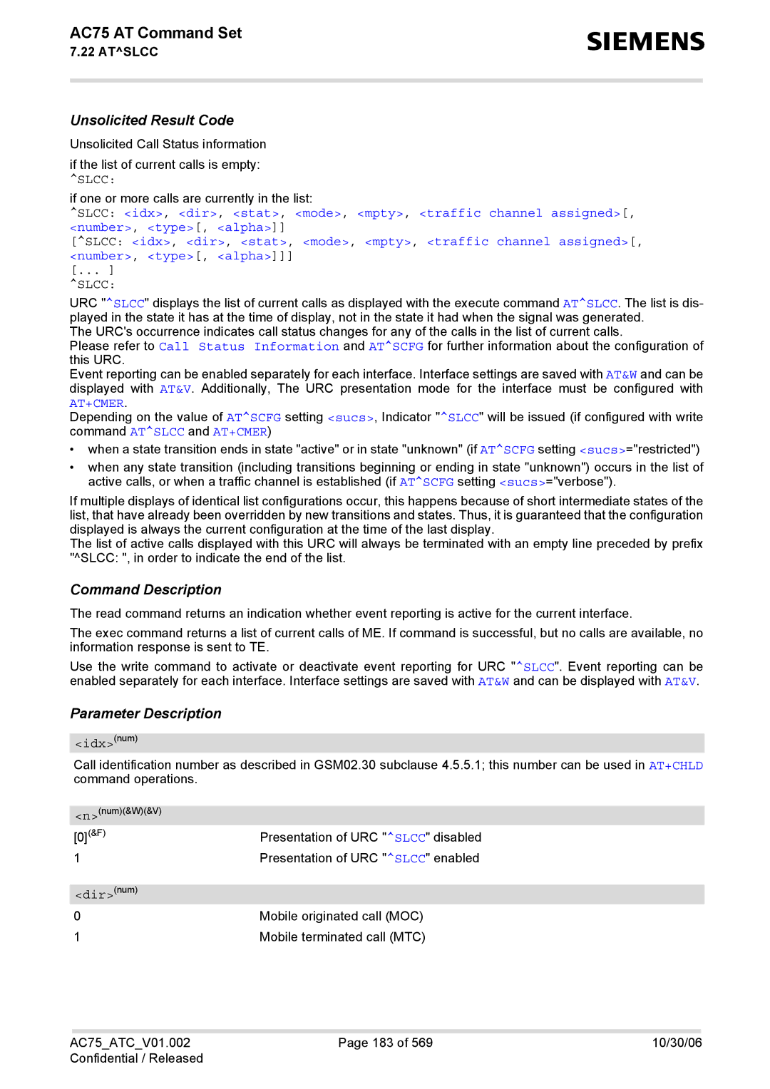 Siemens AC75 manual Presentation of URC Slcc disabled 