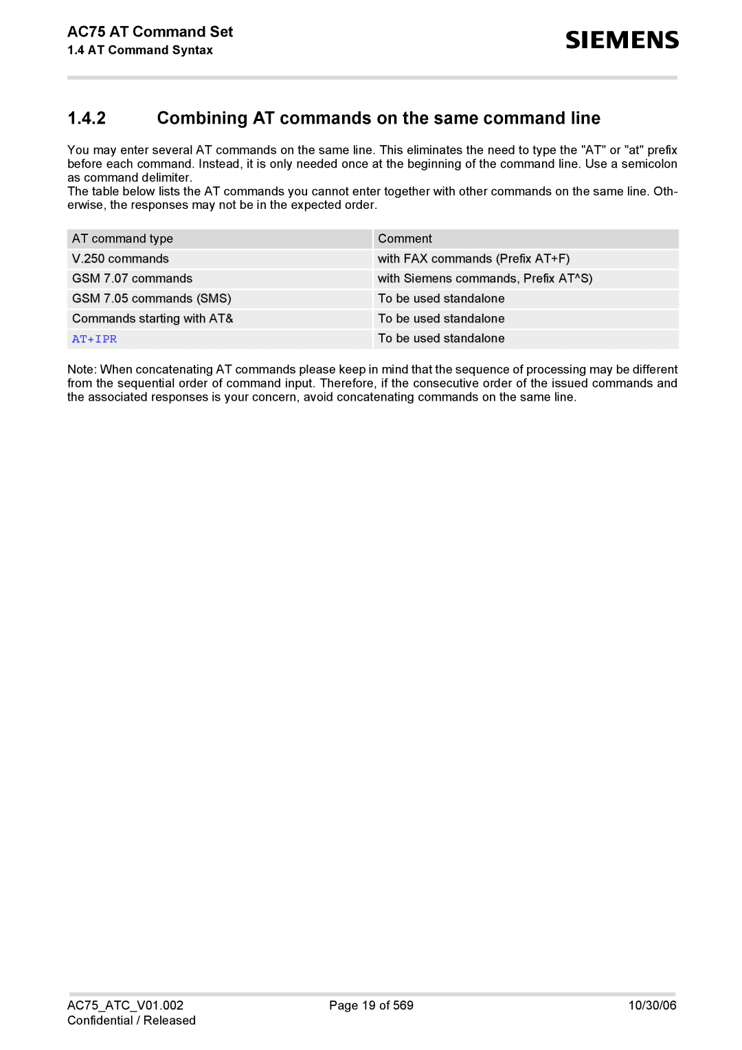 Siemens AC75 manual Combining AT commands on the same command line 