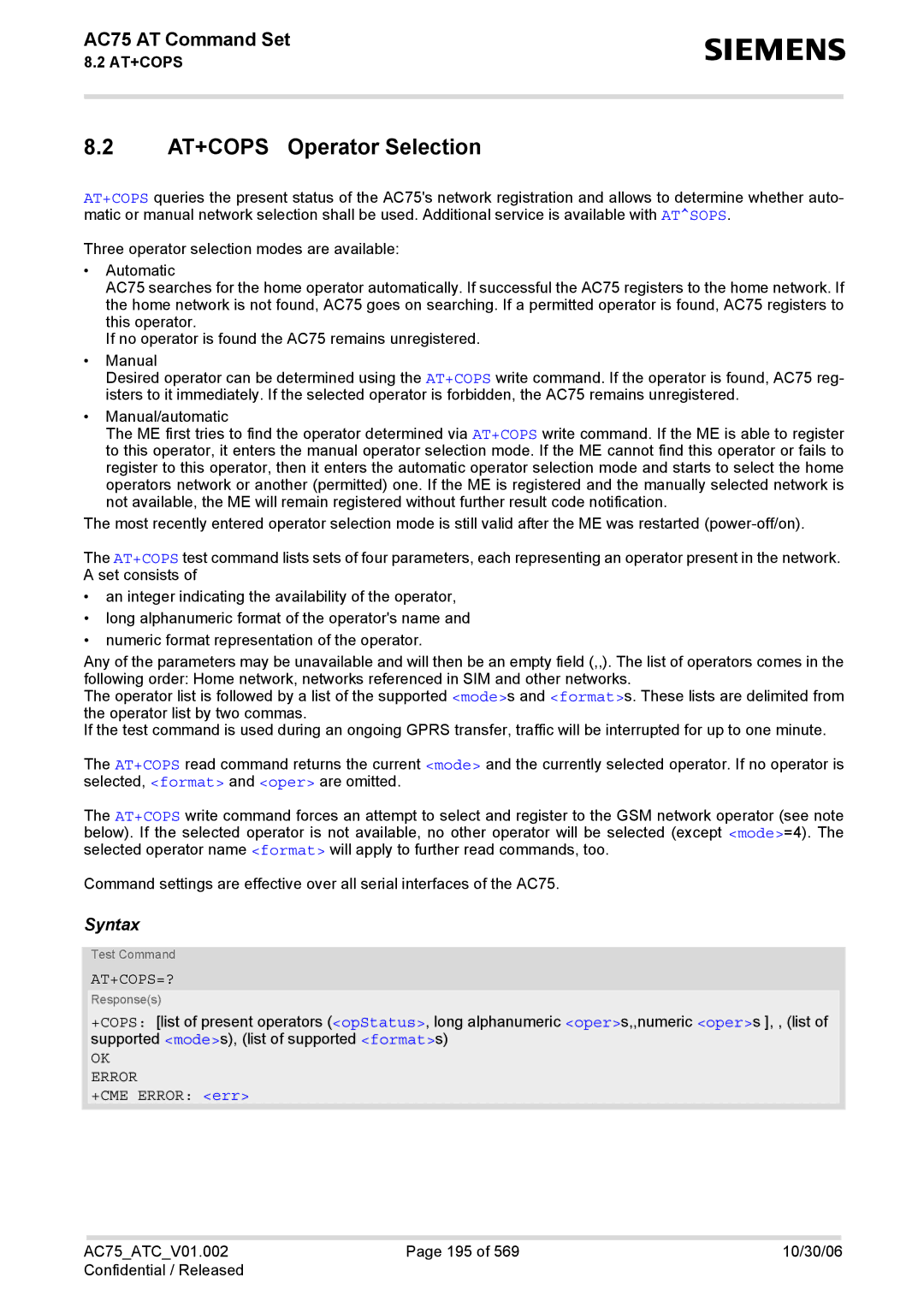 Siemens AC75 manual AT+COPS Operator Selection, At+Cops=? 