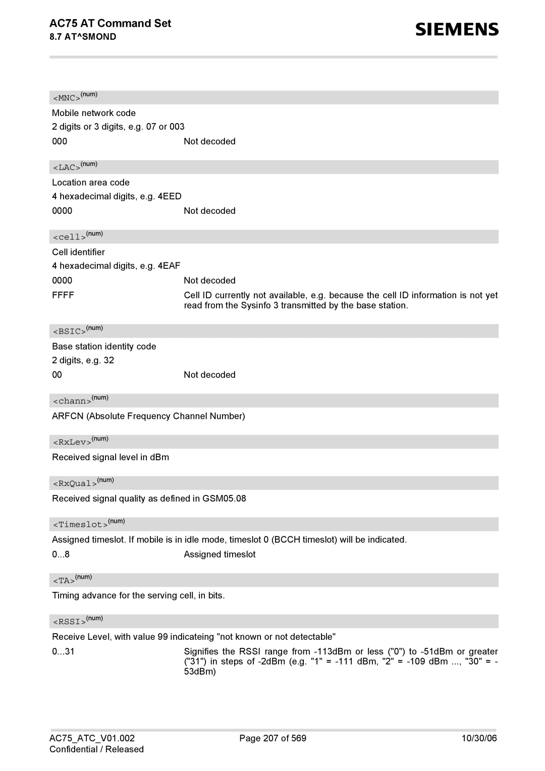 Siemens AC75 manual RxLevnum, RxQualnum, Timeslotnum 