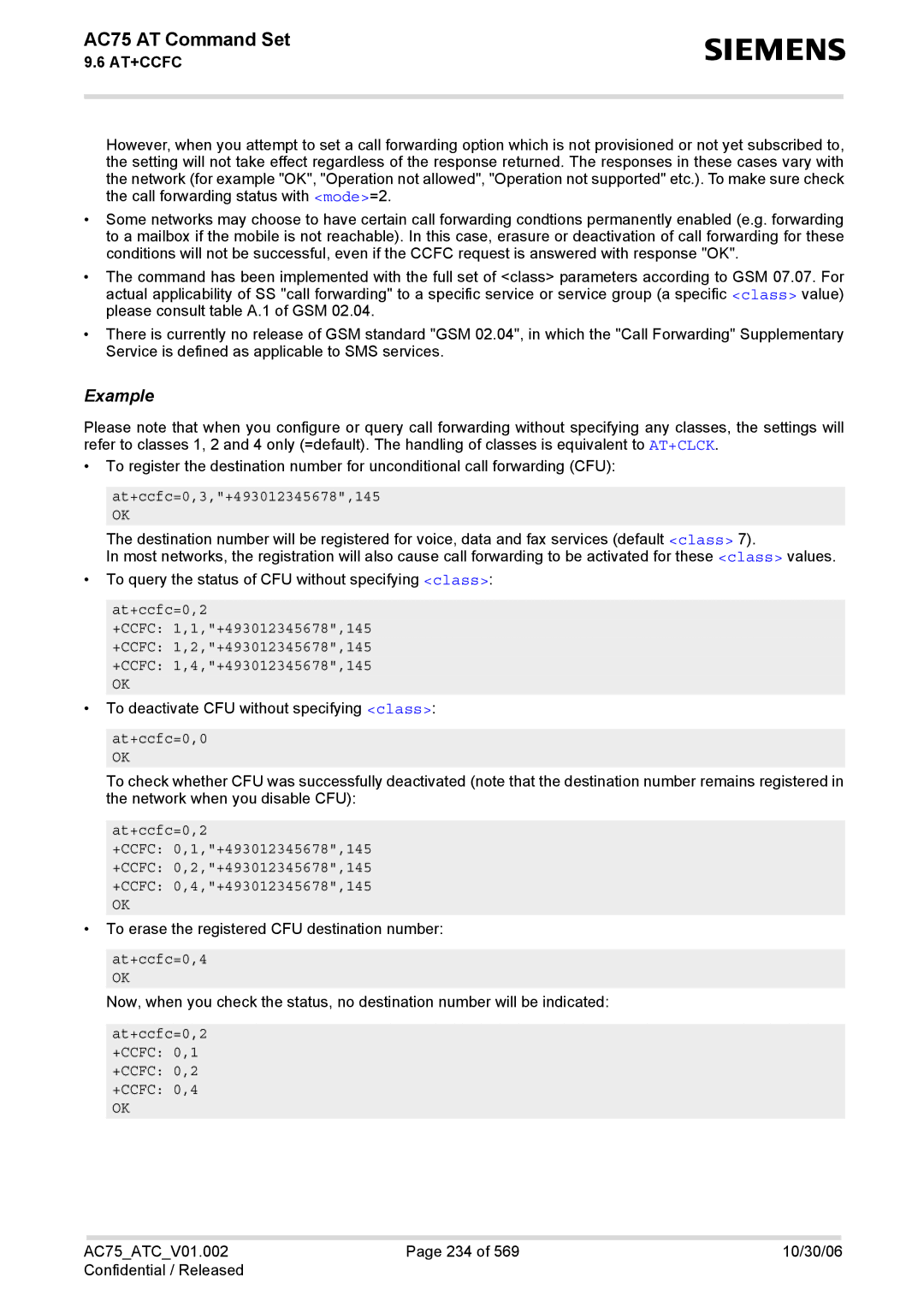 Siemens AC75 manual At+ccfc=0,3,+493012345678,145, At+ccfc=0,0, At+ccfc=0,4 