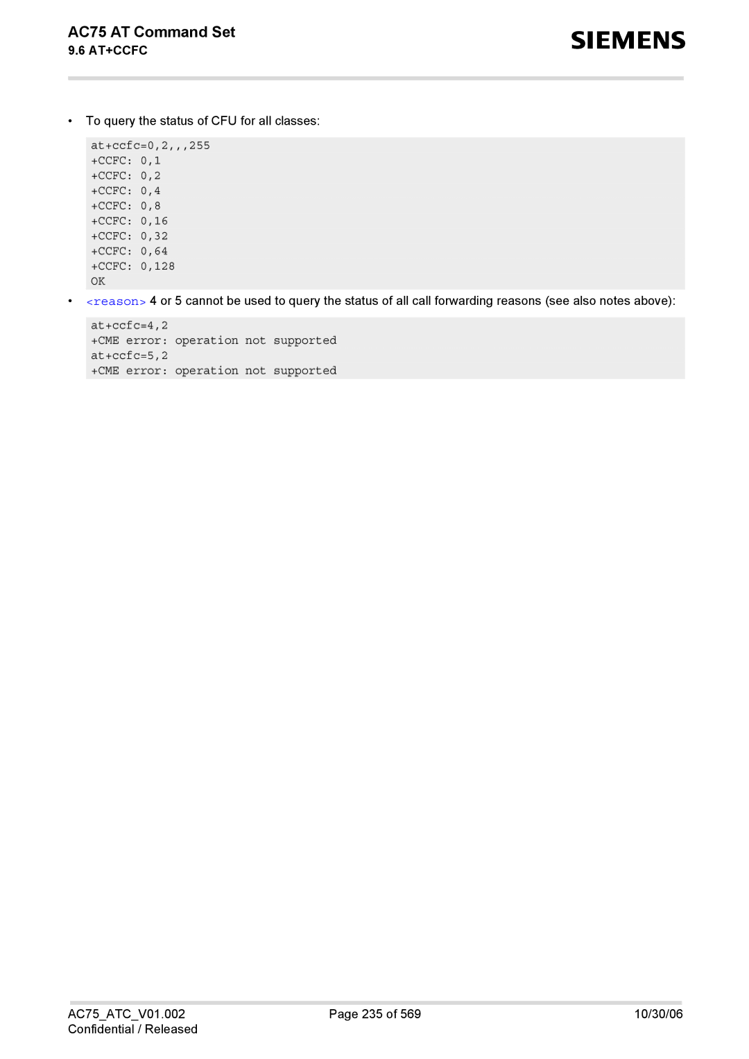 Siemens AC75 manual To query the status of CFU for all classes, At+ccfc=4,2 +CME error operation not supported at+ccfc=5,2 