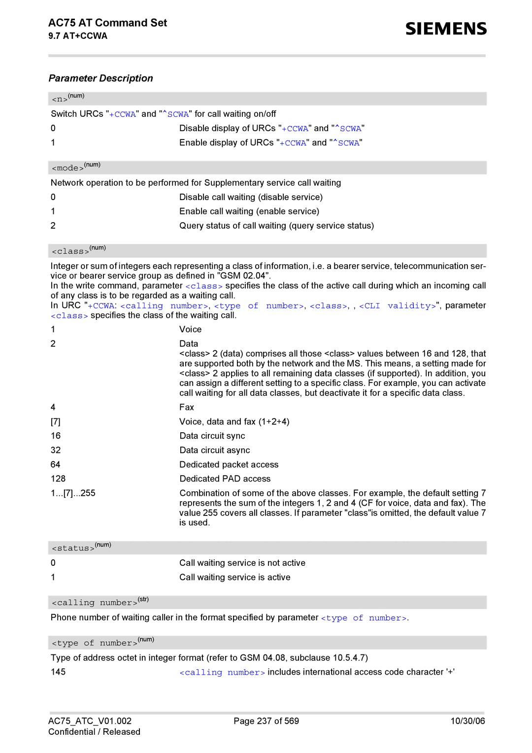 Siemens AC75 manual Calling numberstr, Type of numbernum 