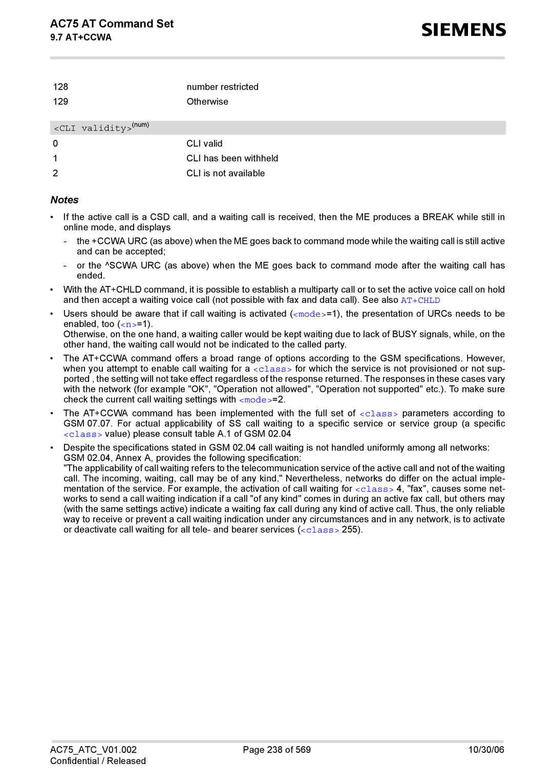 Siemens AC75 manual CLI validitynum 