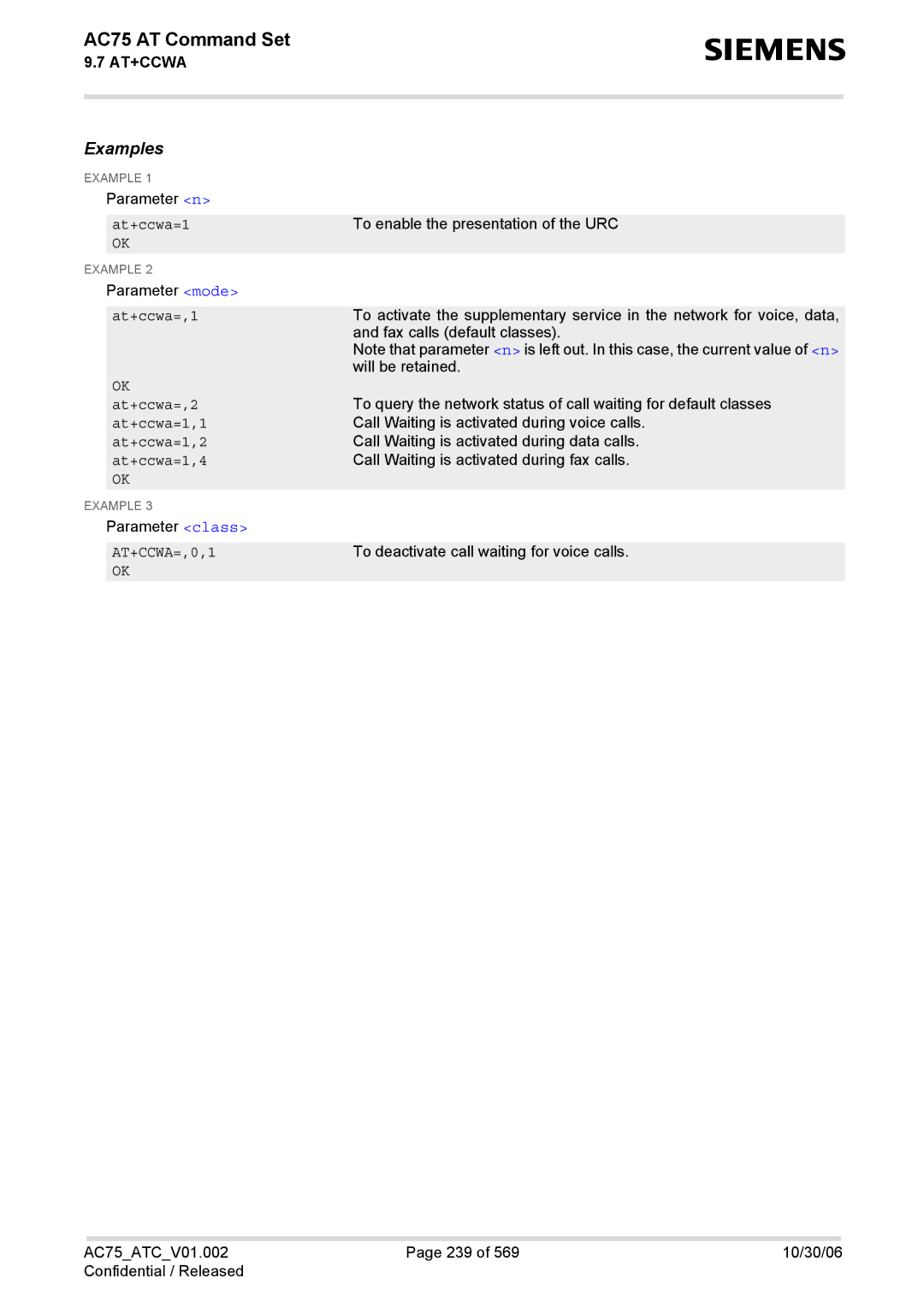 Siemens AC75 manual At+ccwa=,1, At+ccwa=,2, At+ccwa=1,1, At+ccwa=1,2, At+ccwa=1,4, AT+CCWA=,0,1 