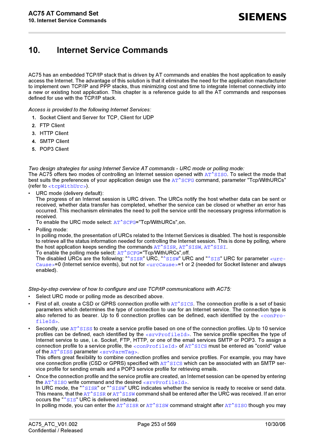 Siemens AC75 manual Internet Service Commands, Access is provided to the following Internet Services 