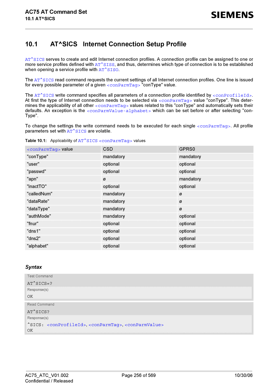 Siemens AC75 manual Atsics Internet Connection Setup Profile, ConParmTag value, Atsics=?, Atsics? 