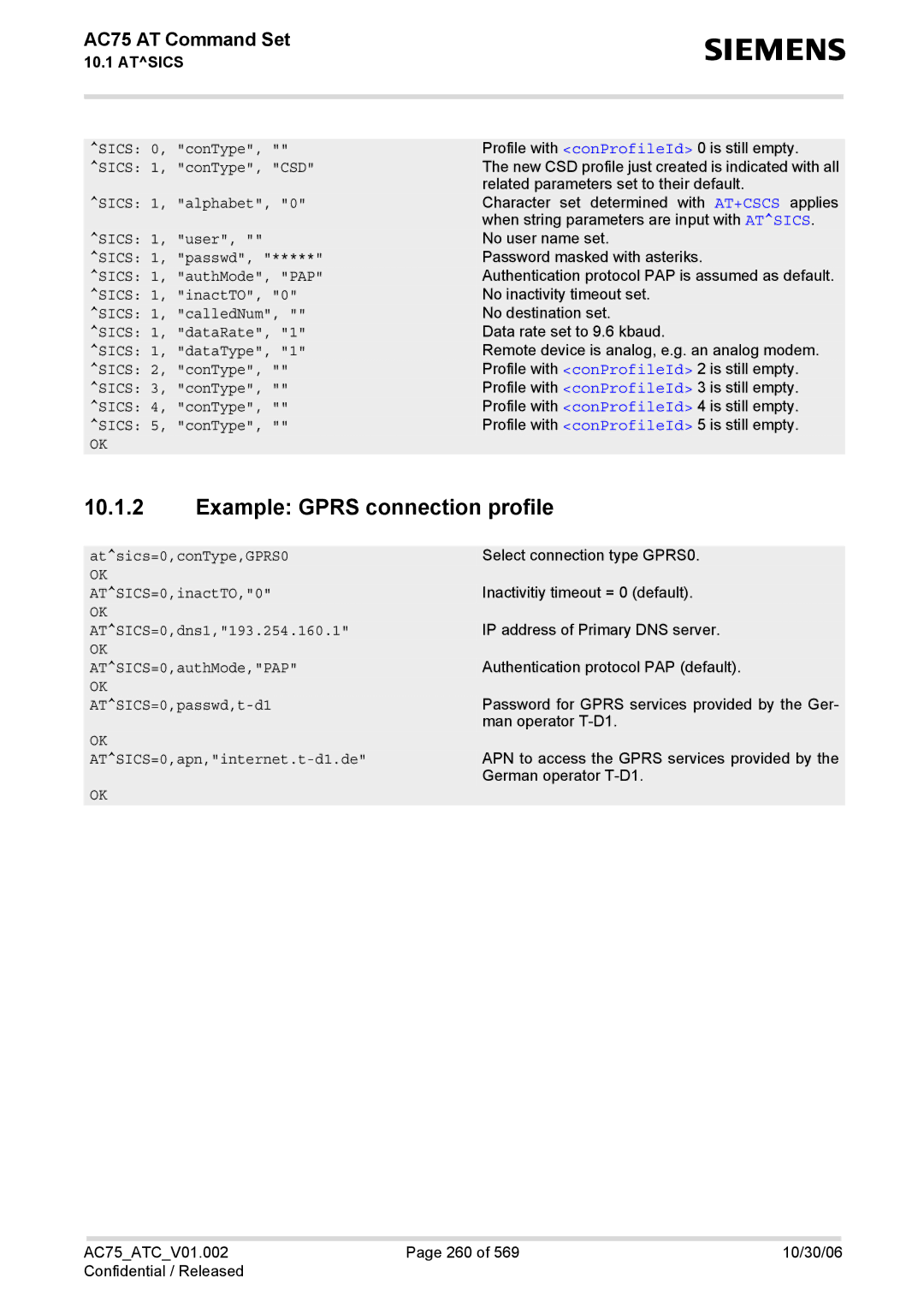 Siemens AC75 manual Example Gprs connection profile 