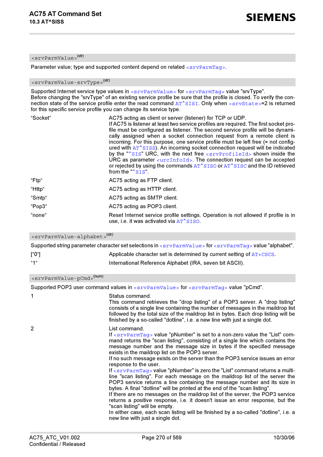 Siemens AC75 manual SrvParmValuestr, SrvParmValue-srvTypestr, SrvParmValue-alphabetstr, SrvParmValue-pCmdnum 