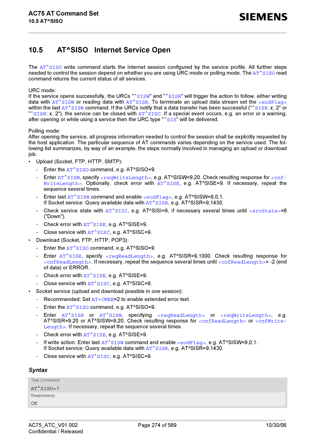 Siemens AC75 manual Atsiso Internet Service Open, Atsiso=? 