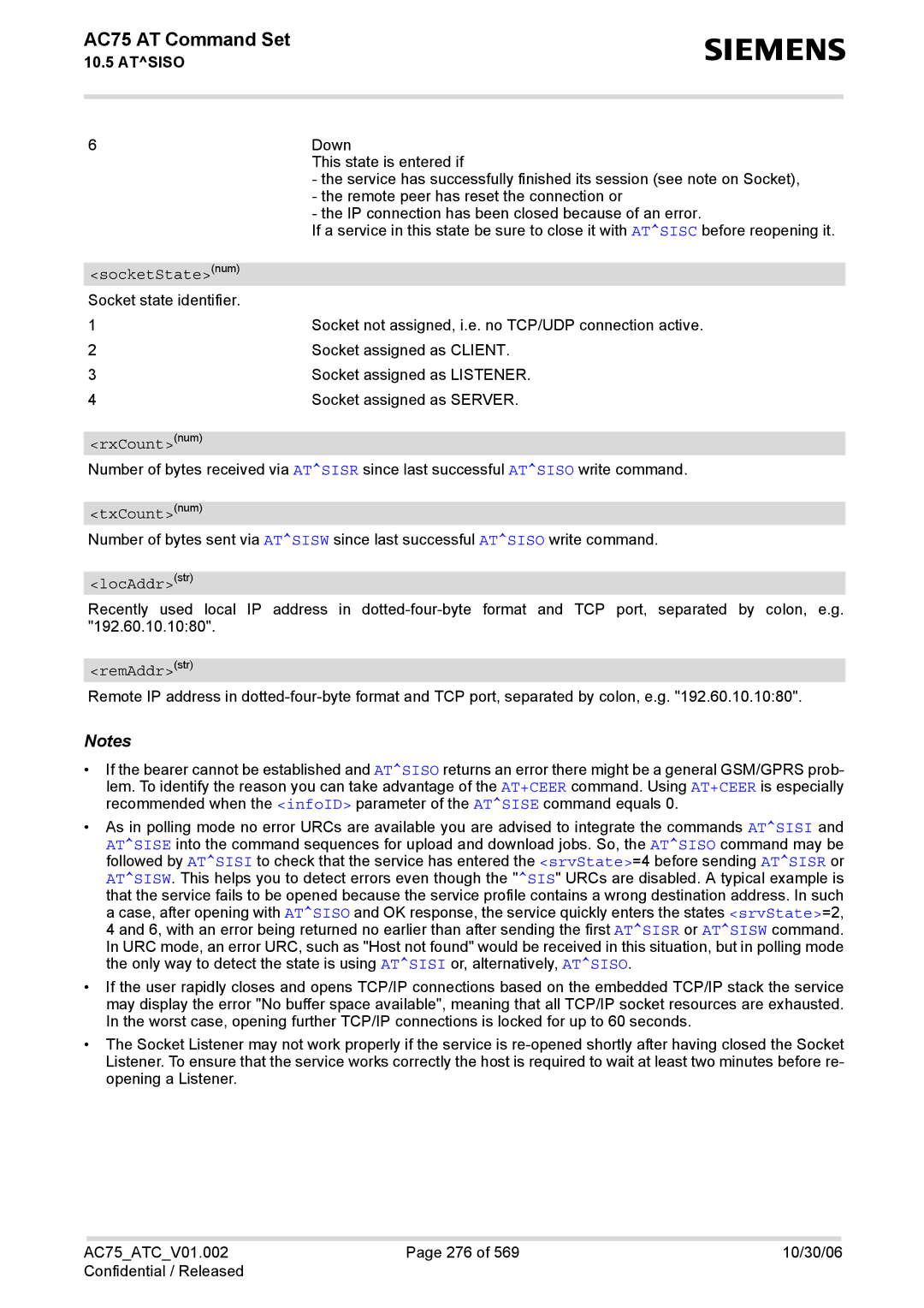 Siemens AC75 manual SocketStatenum, LocAddrstr, RemAddrstr 