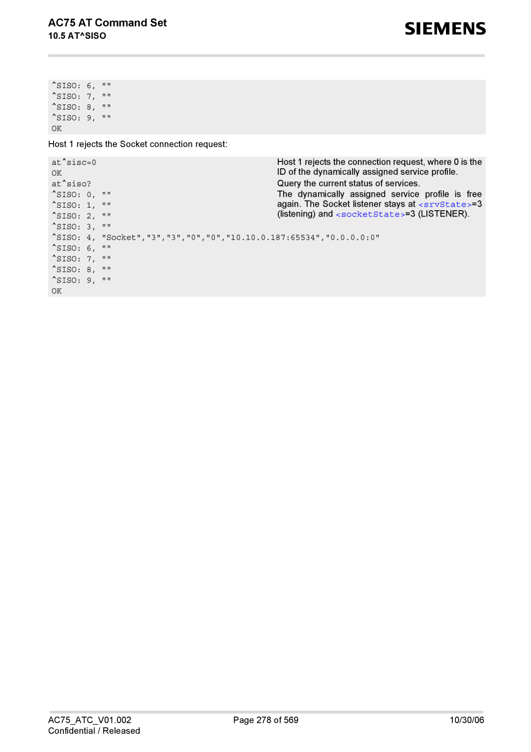 Siemens AC75 manual Atsisc=0, Siso Siso 4, Socket,3,3,0,0,10.10.0.18765534,0.0.0.00 