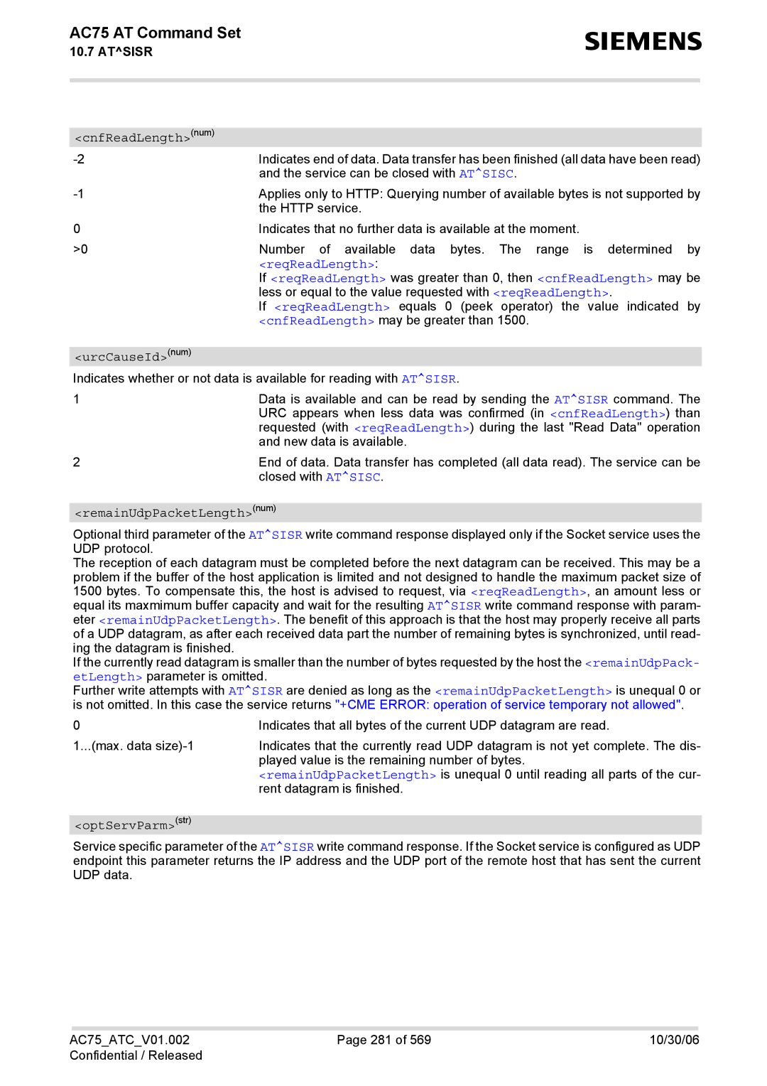 Siemens AC75 manual CnfReadLengthnum, ReqReadLength, UrcCauseIdnum, RemainUdpPacketLengthnum, OptServParmstr 