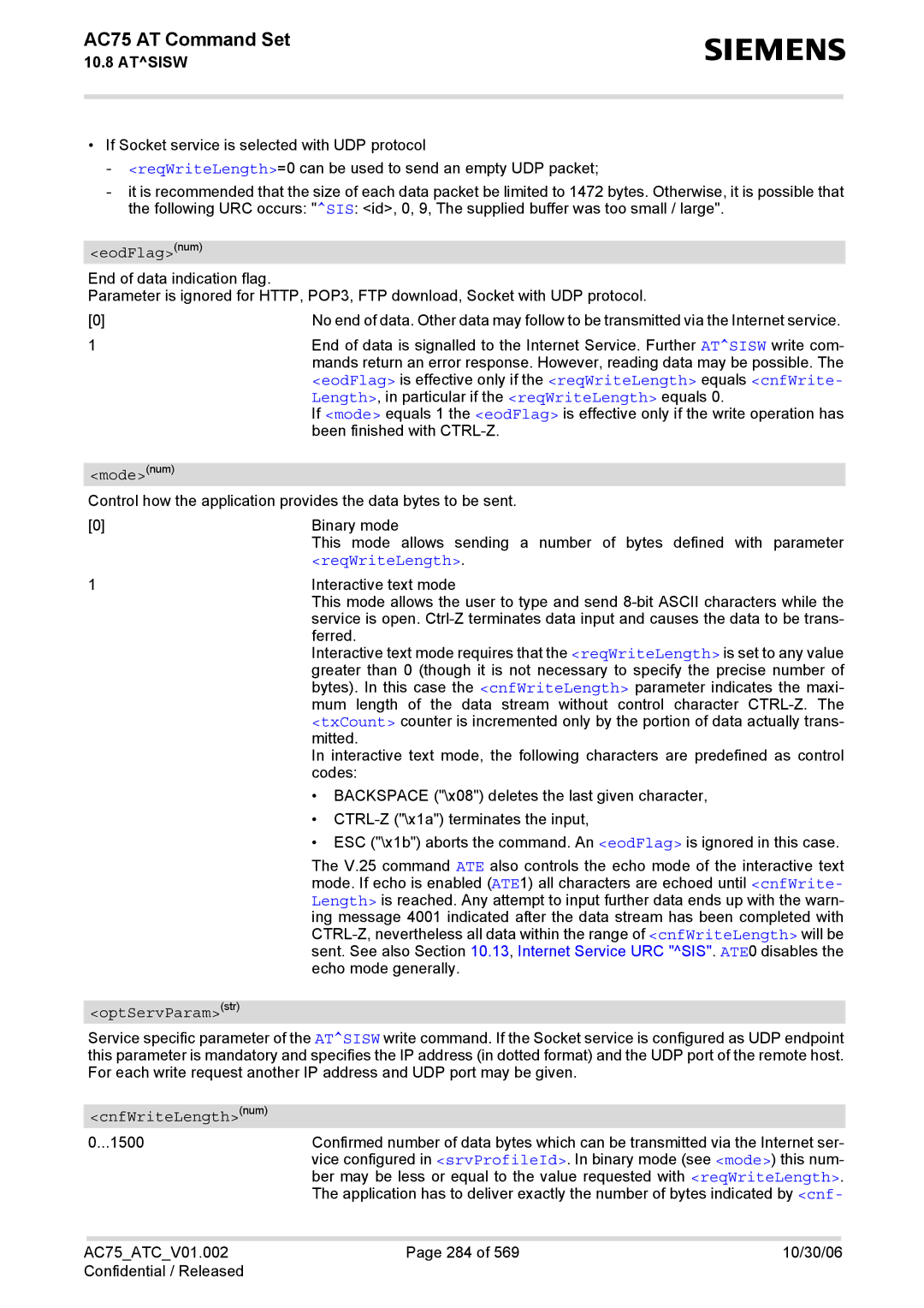 Siemens AC75 manual EodFlagnum, ReqWriteLength, OptServParamstr, CnfWriteLengthnum 