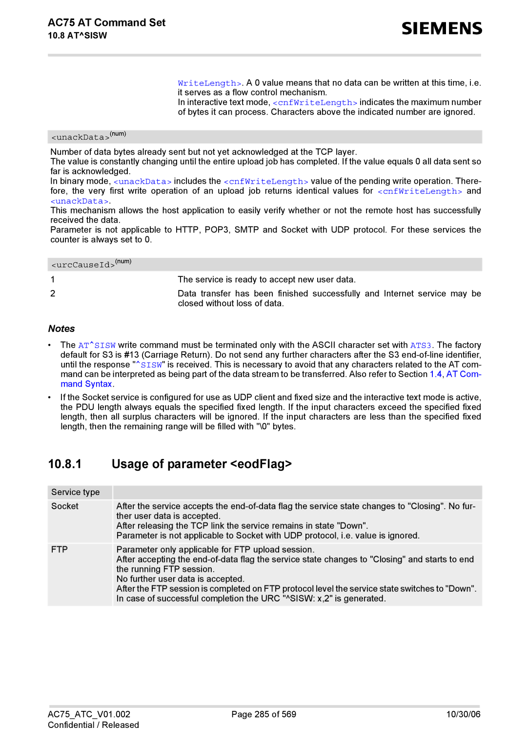 Siemens AC75 manual Usage of parameter eodFlag, No further user data is accepted 