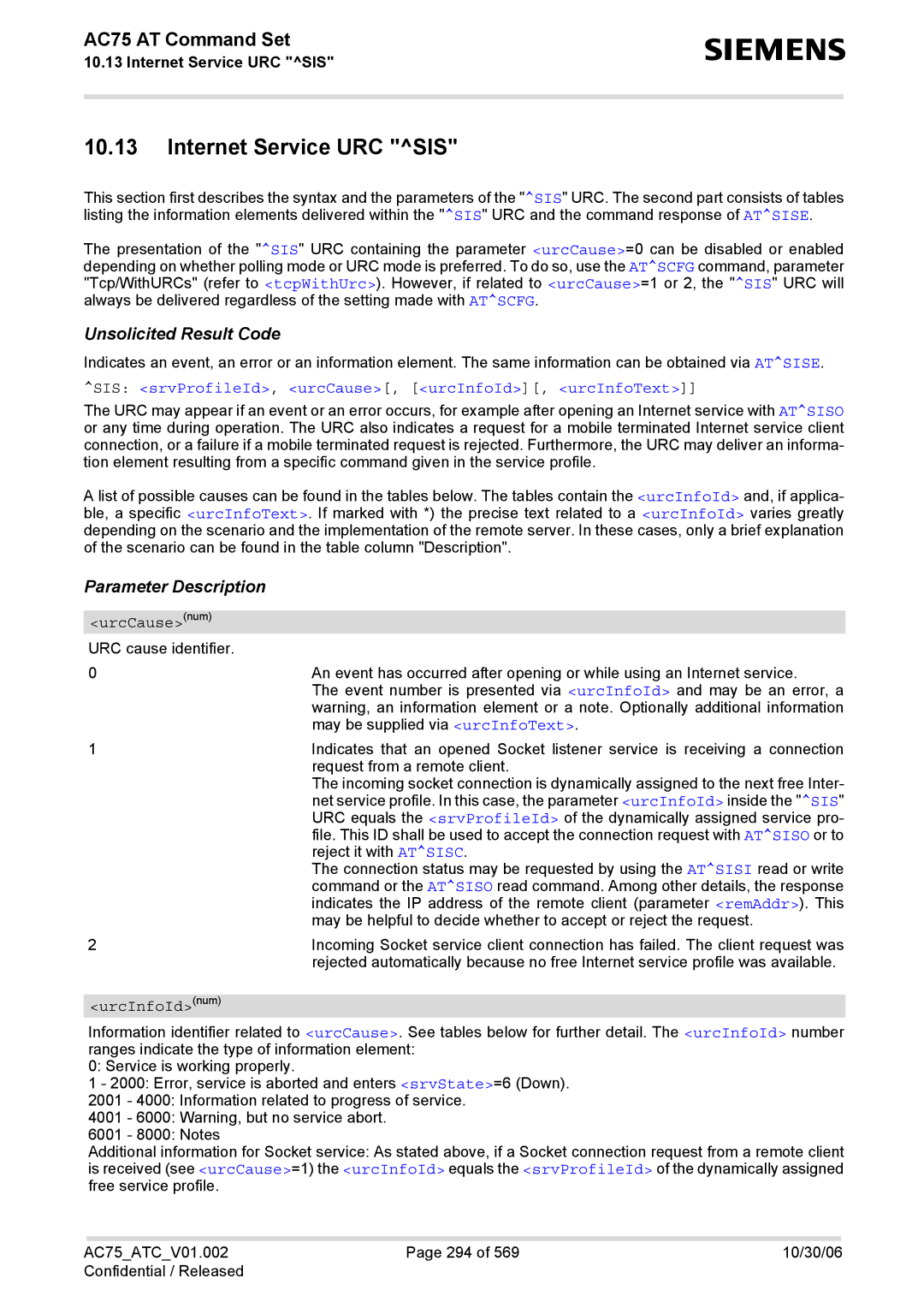 Siemens AC75 manual Internet Service URC SIS, SIS srvProfileId, urcCause, urcInfoId, urcInfoText, UrcCausenum, UrcInfoIdnum 