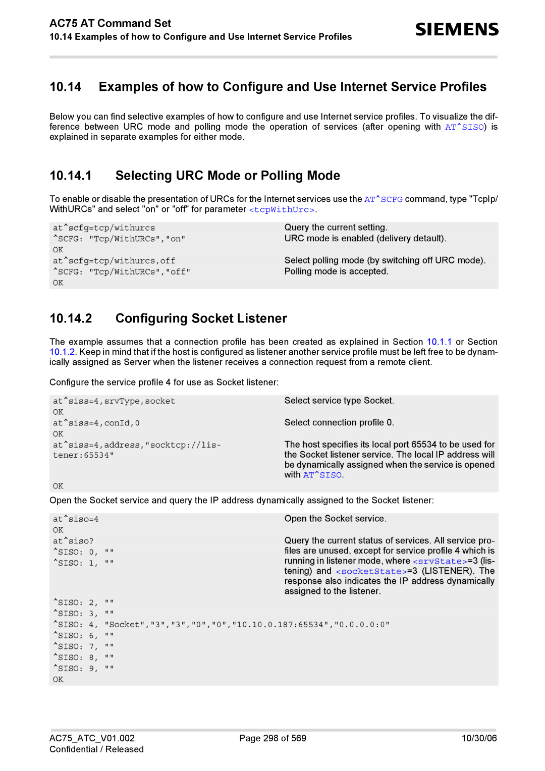 Siemens AC75 manual Selecting URC Mode or Polling Mode, Configuring Socket Listener, With Atsiso 