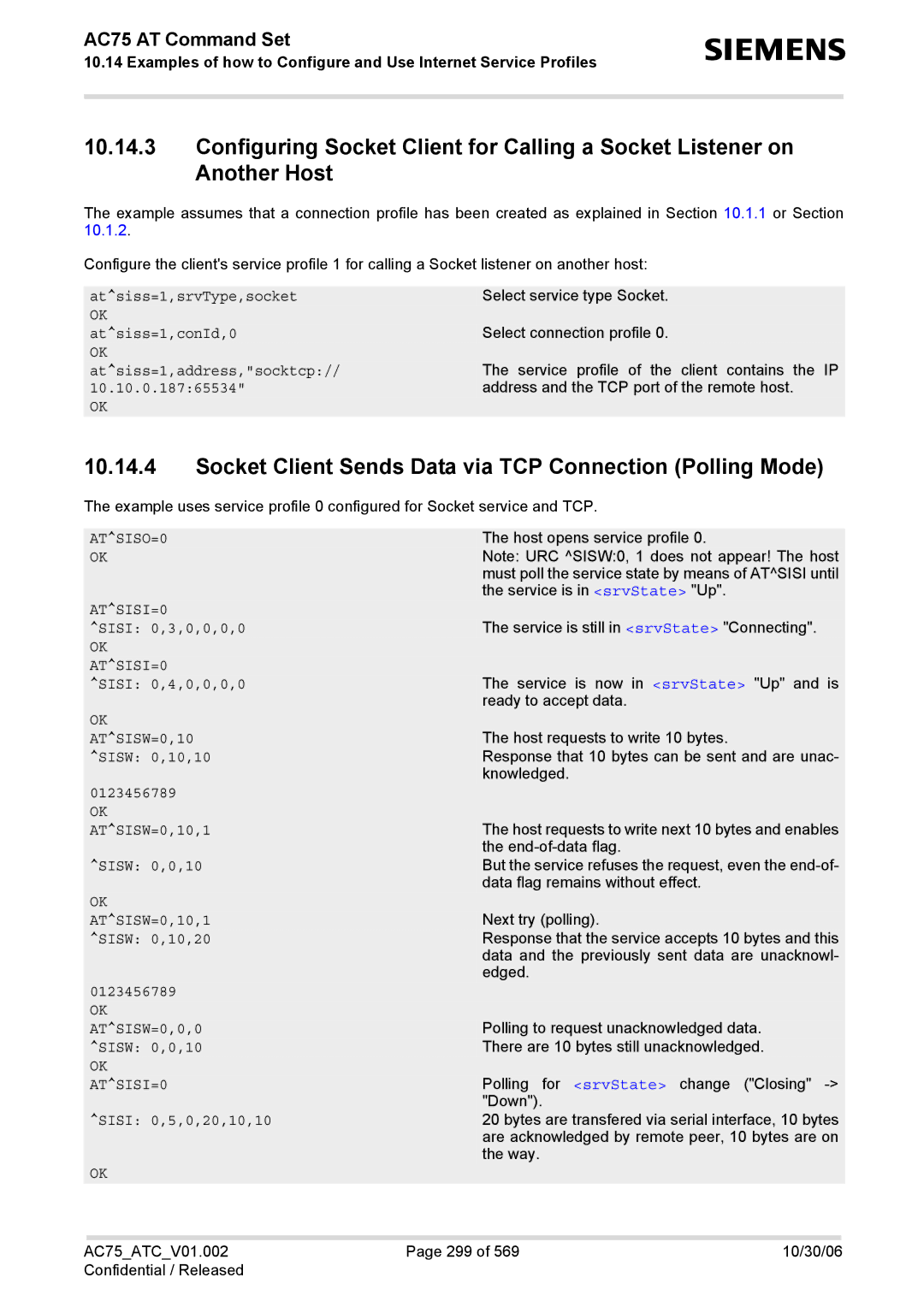 Siemens AC75 manual Socket Client Sends Data via TCP Connection Polling Mode, ATSISO=0, ATSISI=0 