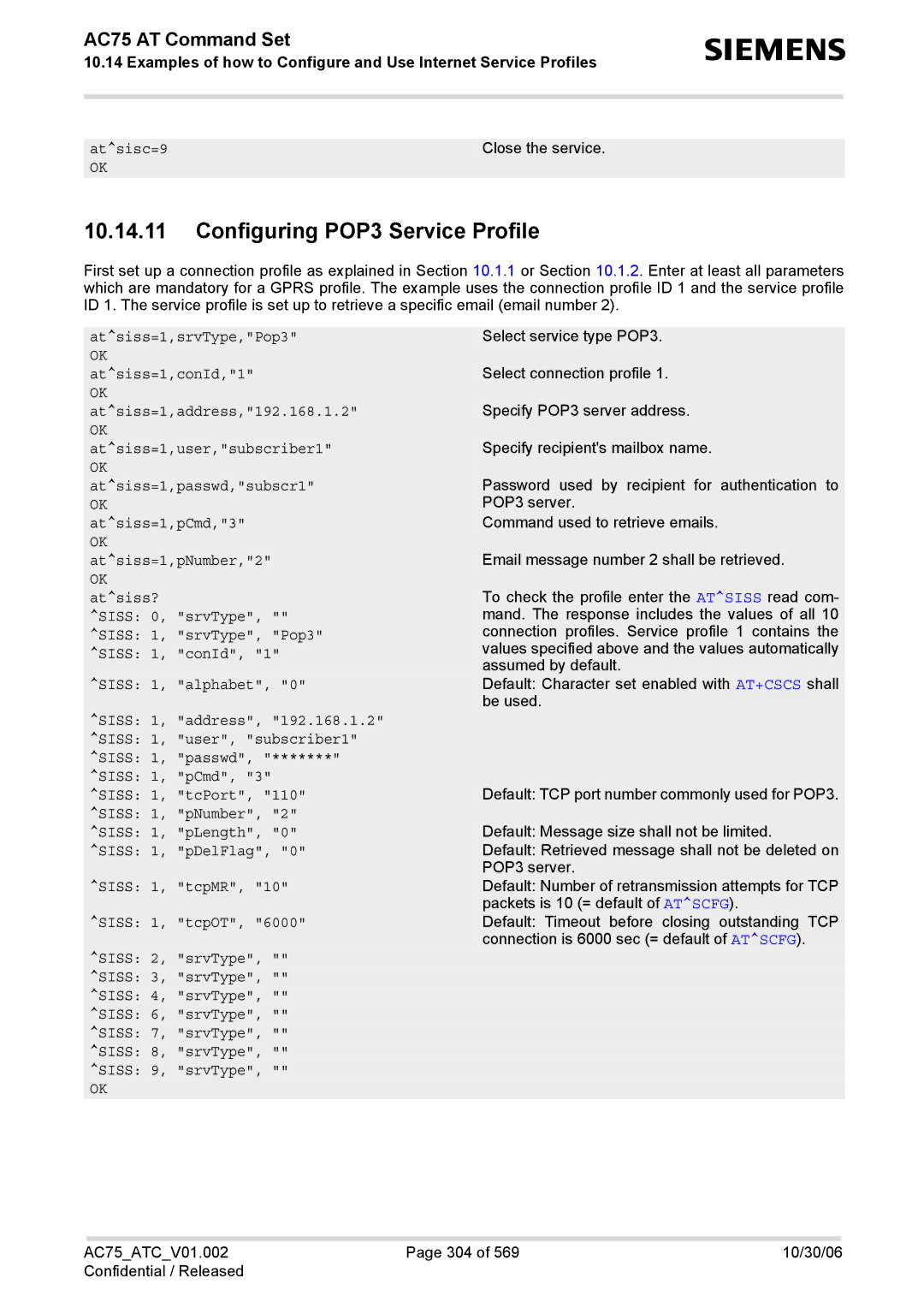 Siemens AC75 manual Configuring POP3 Service Profile 