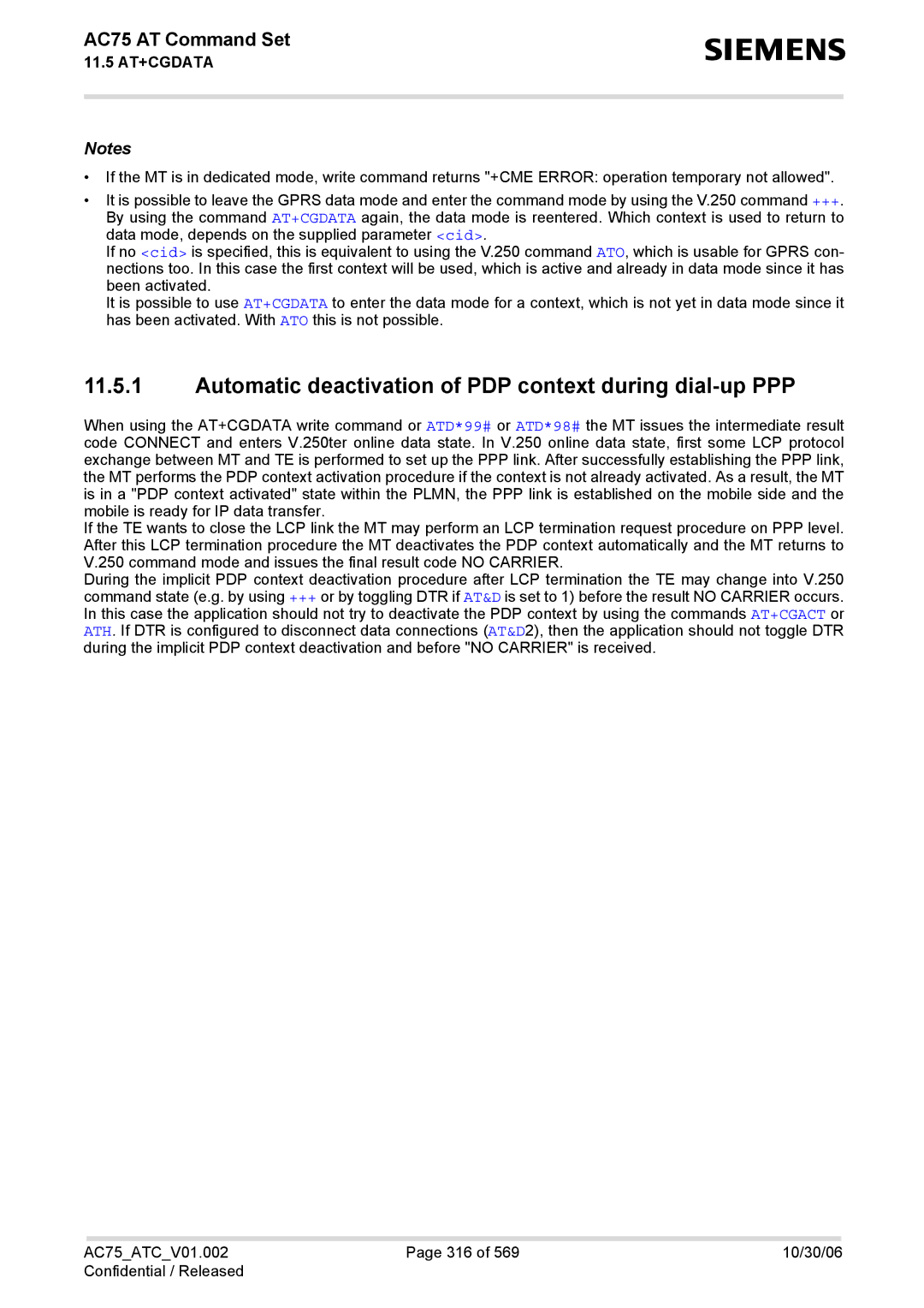 Siemens AC75 manual Automatic deactivation of PDP context during dial-up PPP 